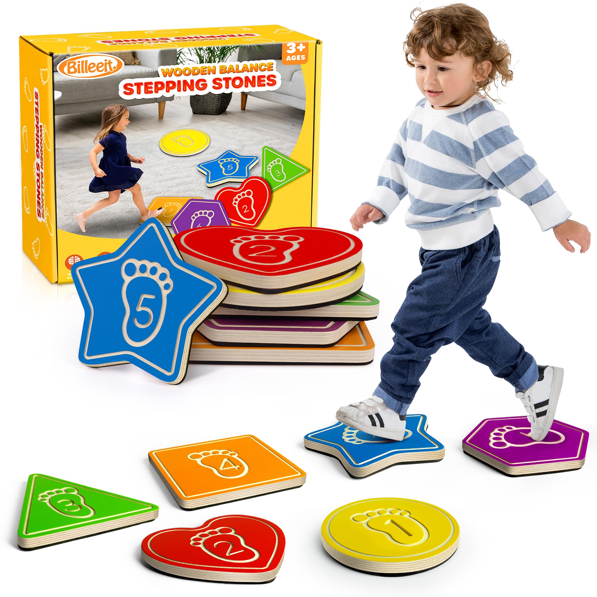 Billeeit Wooden Stepping Stones, Multi-Shape and Colored Stepping Stones for Kids 3 4 5 6 7 and Toddler Indoor Activity, Balance Sensory Wood Montessori Toys(6Pcs with Game Manual)