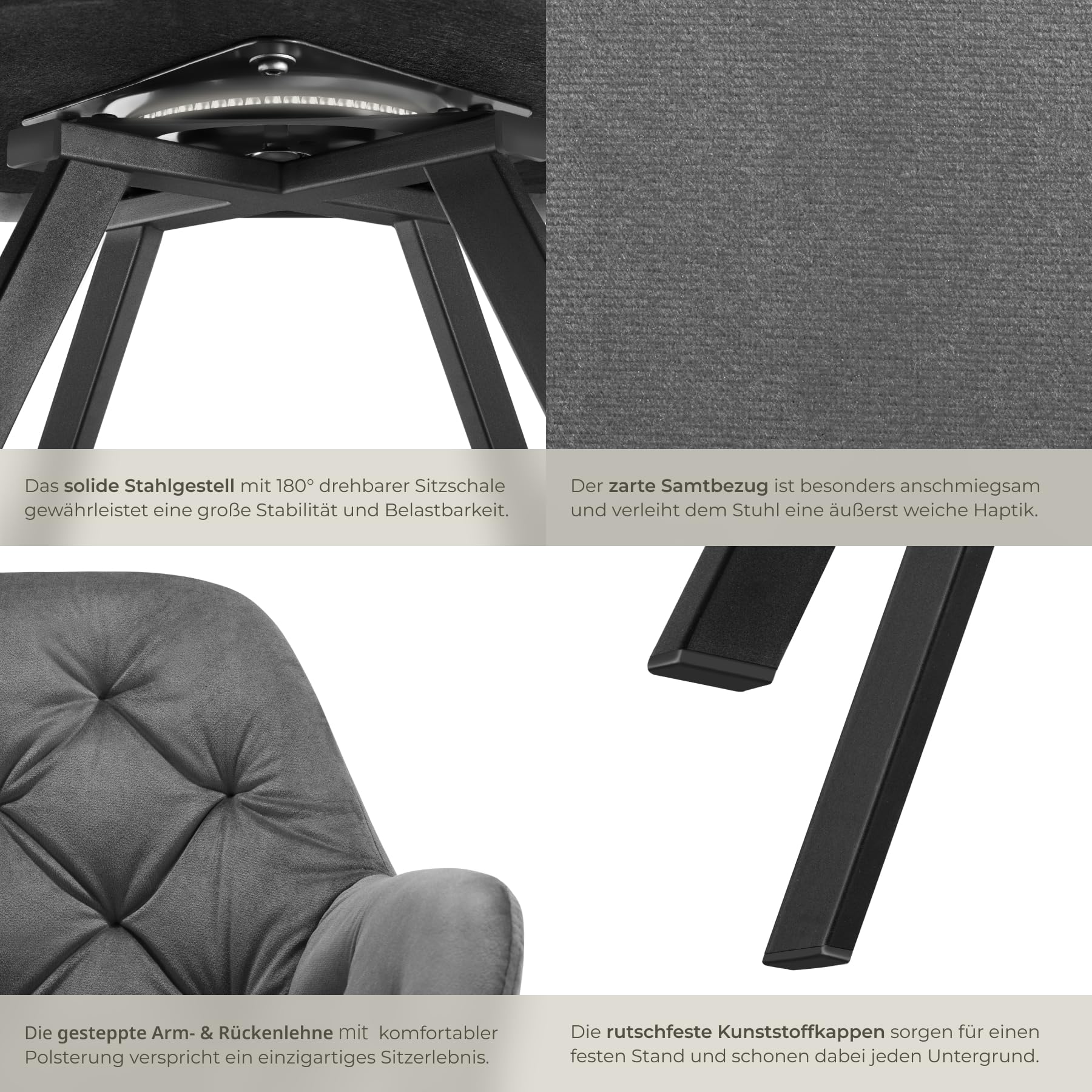 tectake® Esszimmerstuhl drehbar mit Armlehne, Samtstoff Drehstuhl ergonomisch, Möbel für Wohnzimmer, Stühle für Dining Lounge, Office, als Schminkstuhl oder Schreibtischstuhl - anthrazit