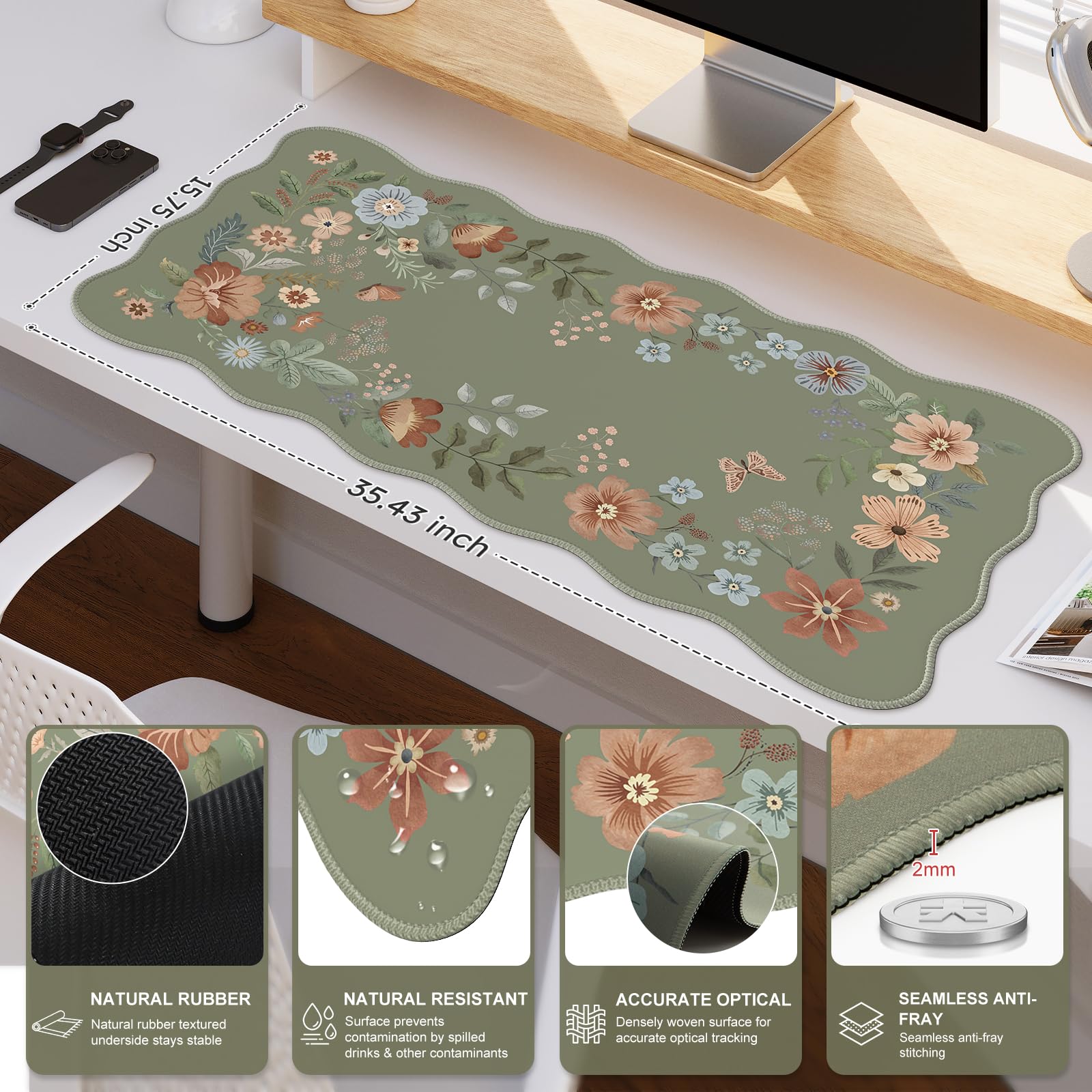 iCasso Desk Mat for Keyboard and Mouse, Large Mouse Pad, Floral Desk Pad Mat, Anti-Slip Big Mousepad with Stitched Edges for Computer (Bean Green)