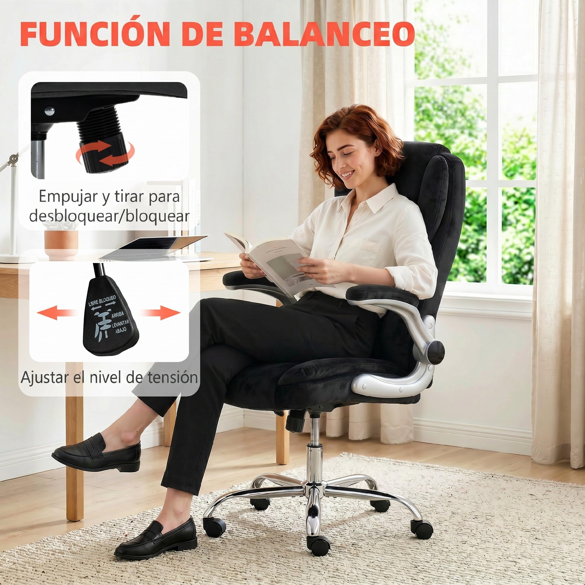 HOMCOM Silla de Escritorio Ergonómica con Reposabrazos Abatibles Negro | Silla de Oficina con Respaldo Alto, Asiento con Muelles, Altura Ajustable, Función Basculante, Tapizado en Terciopelo