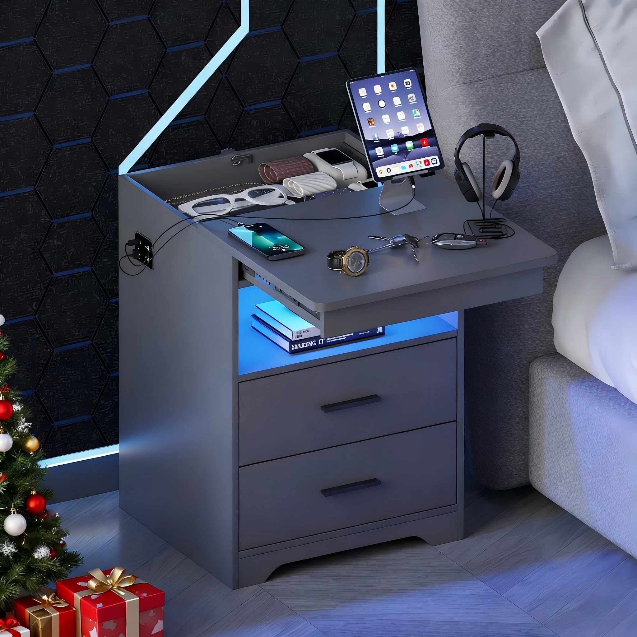 Gurexl LED Nachtschrank mit 3 Licht Dimmbar, Smart Nachttisch mit Ladefunktion, Abschließbare Schubladen Sideboard mit 3 Schubladen USB Type-C Wohnzimmer Grau