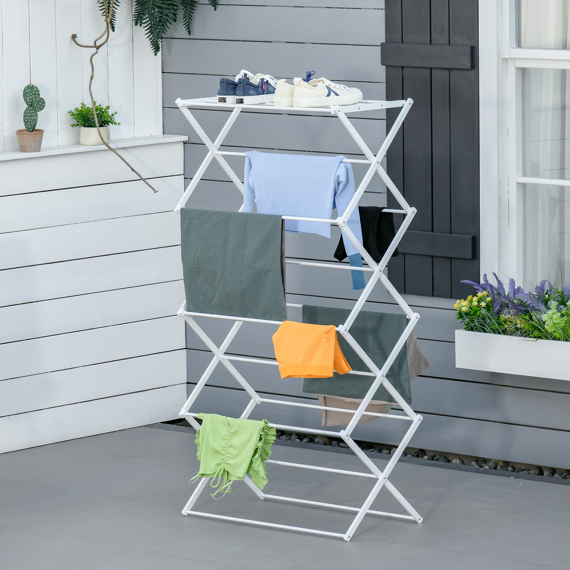 HOMCOM Stendibiancheria pieghevole a torre 74x35x144cm Bianco | Stendibiancheria a torre 8 livelli, metallo e plastica, supporto per asciugatura