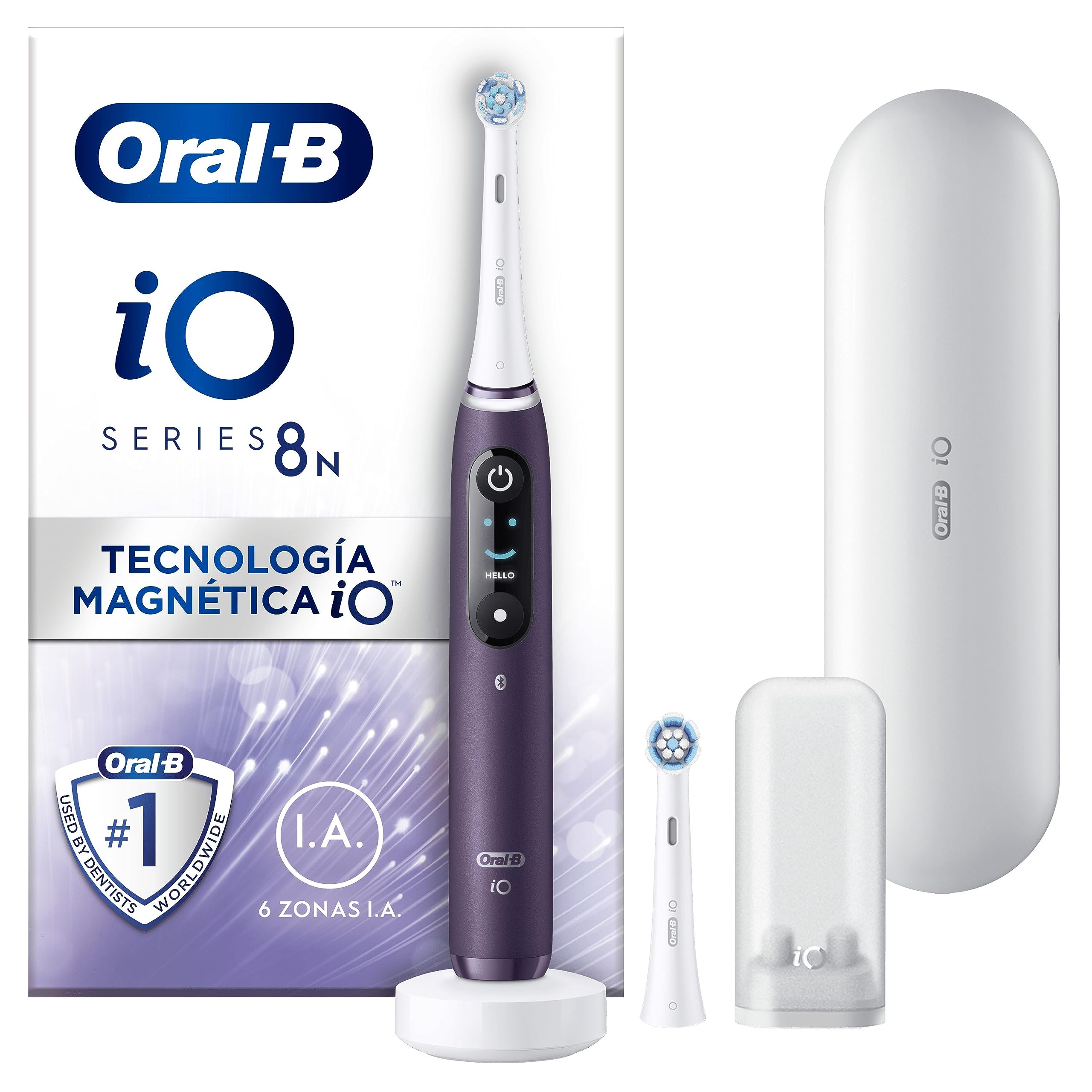 Oral-B iO 8N Cepillo de Dientes Eléctrico con Mango Recargable, 2 Cabezales y Estuche de Viaje, Diseñado por Braun - Violeta
