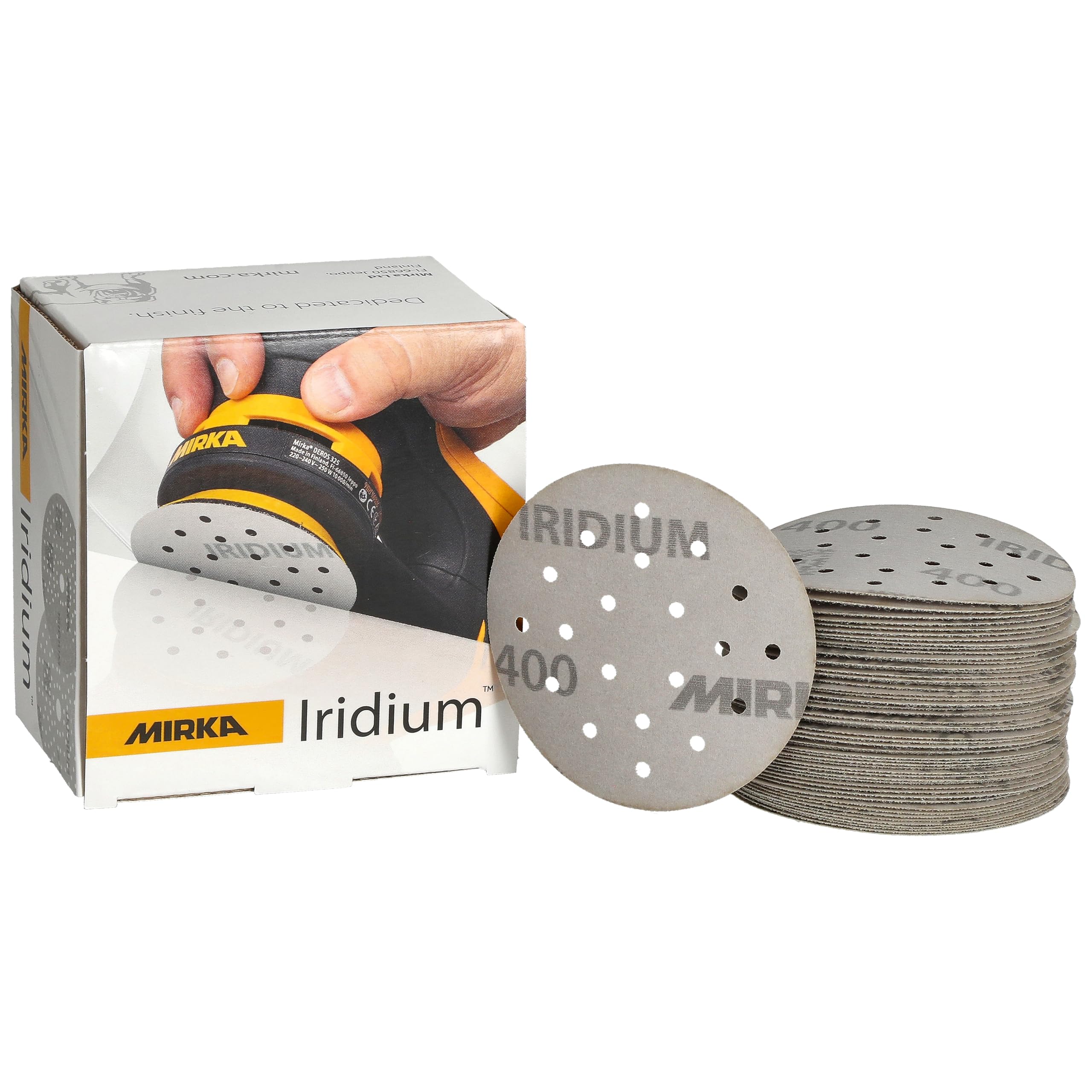 Mirka Iridium Premium Sandpaper Ø 77mm 20H Hook & loop Grit 400, 50 pcs/For sanding paint, putty, primer, wood, steel, mineral materials, plastic.