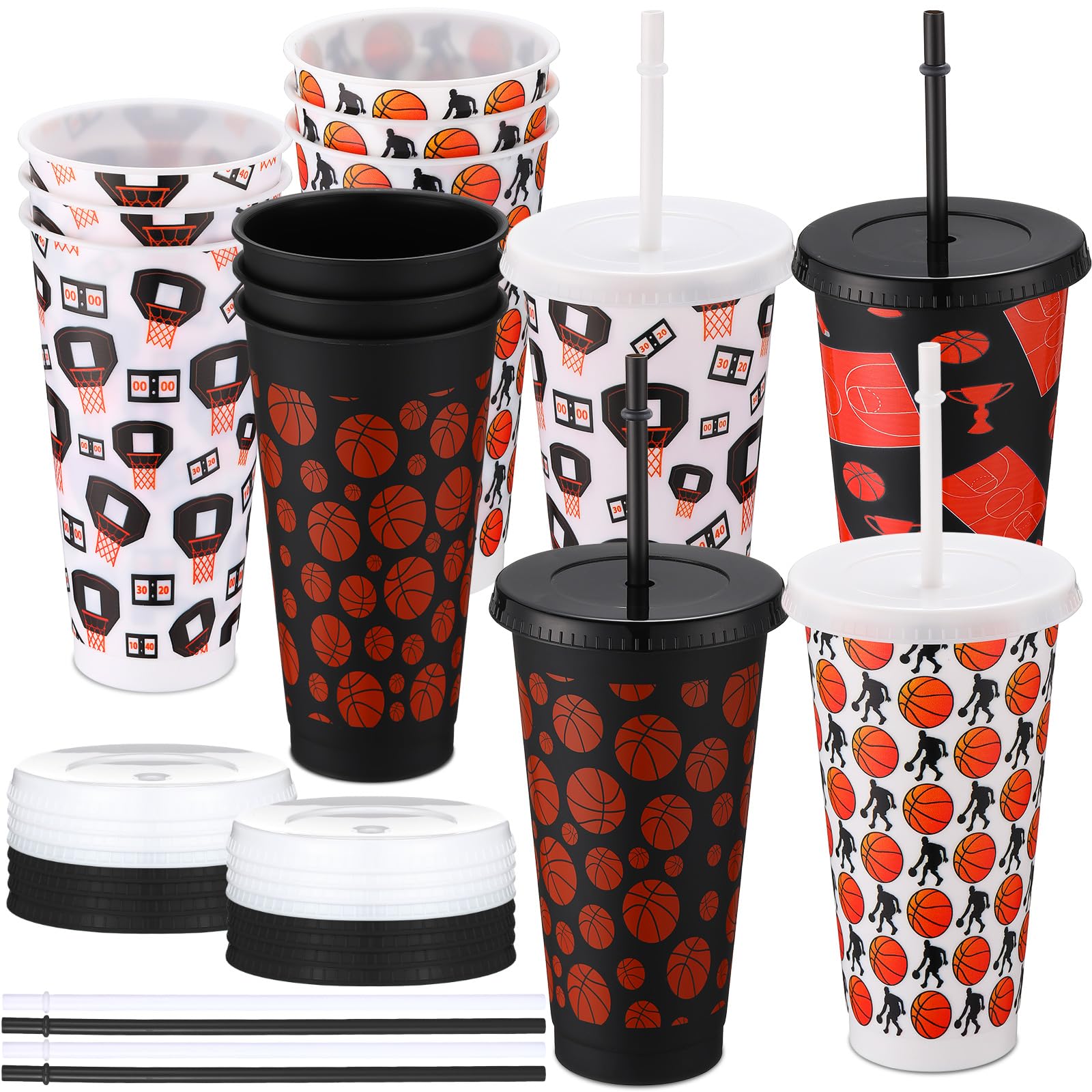 Nuogo 12 Pcs Basketball Party Plastic Cups Bulk 24 oz Plastic Tumbler with Lid and Straw Reusable Cups for Boyfriend Fan Sports Birthday Party Favors
