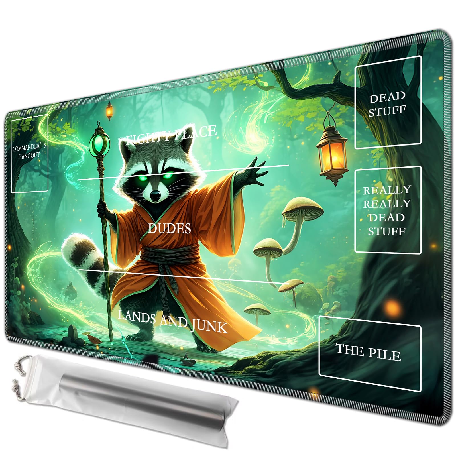 JANENFNA Playmat 24" x 14" with Magic Zones for MTG Card Game Playing, Board Game Mat for Card Breaking Commander Deck Gaming Card Game Battles Mat with Storage Bags, Forest Magician Raccoon โ image 1