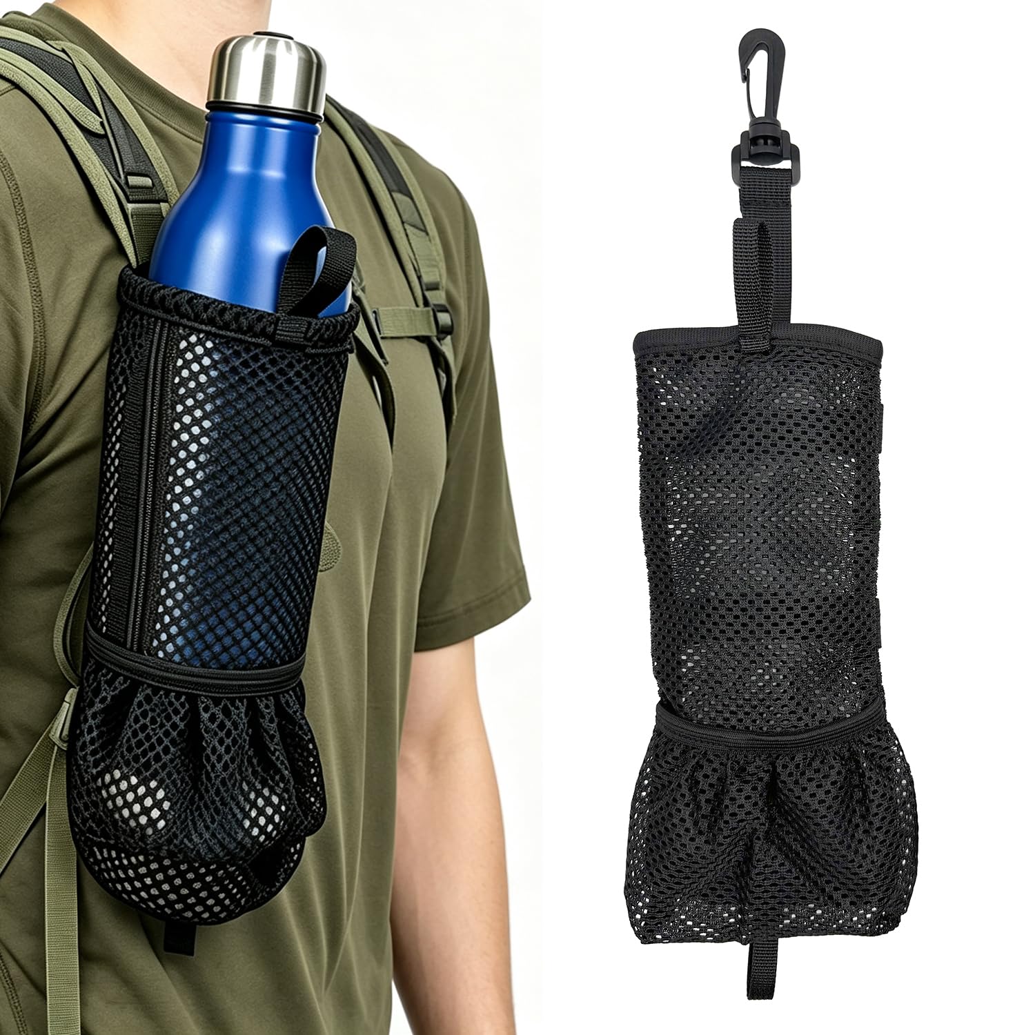 KOSTOO Backpack Water Bottle Holder, Breathable Nylon Mesh Bottle Carrier Pouch with Snap Hook, Lightweight Water Bottle Bag for Hiking Camping Travel, Bottle Not Included