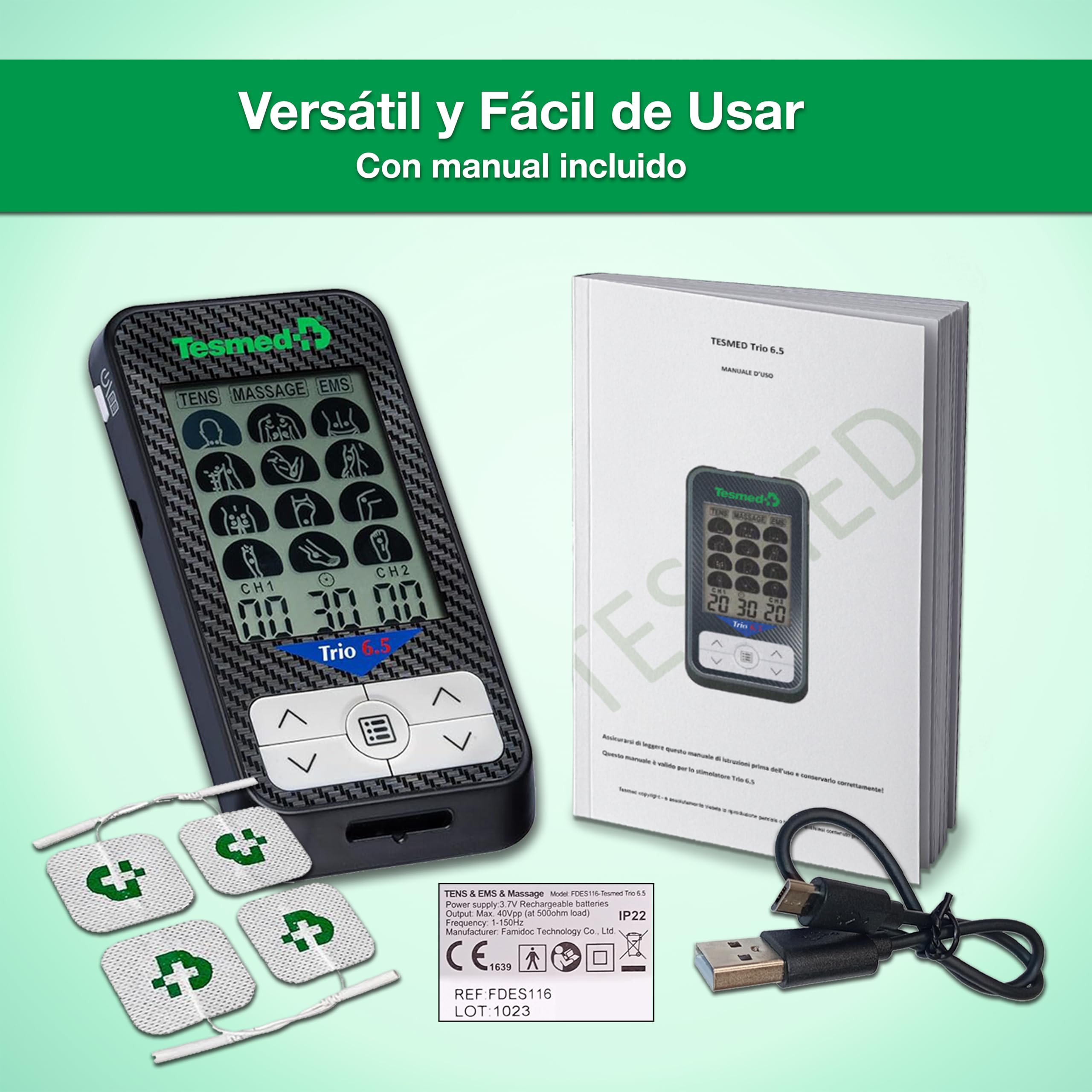 TESMED Trio 6.5: Electroestimulador Muscular Recargable - 36 Programas, 40 Niveles de Intensidad, EMS, TENS y Masaje - para aliviar el dolor muscular y fortalecer los músculo - 4 Electrodos 50x50 mm