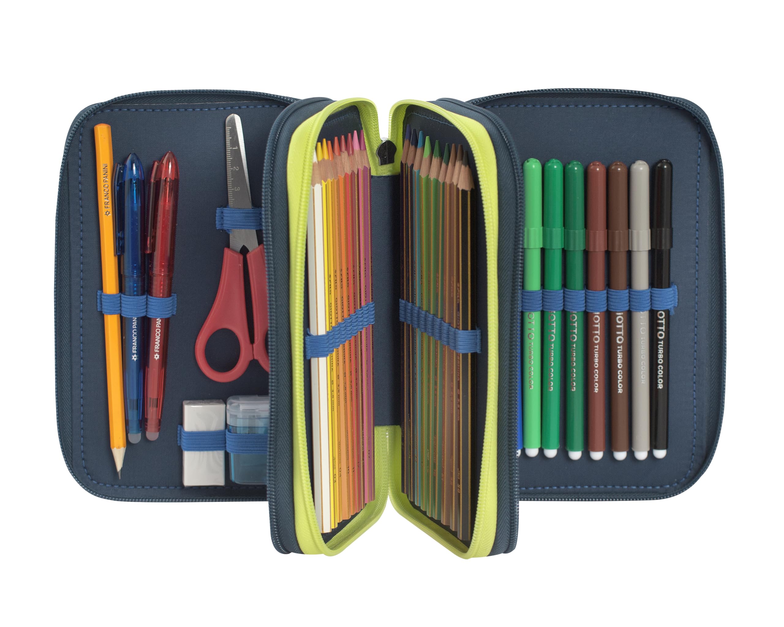 Franco Cosimo Panini WWF - Estuche escolar oficial WWF, estuche con 3 compartimentos para niño y niña con juego de papelería, bolígrafo borrable azul Frixion y práctico cierre de cremallera, 20 x 13 x