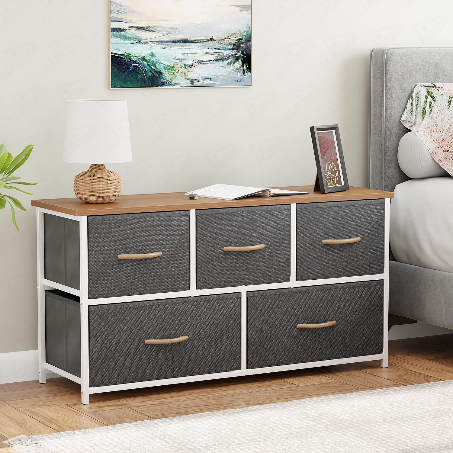 Lukzer Multipurpose Dresser with 5 Fabric Drawers | Sturdy Metal Storage Organizer for Bedroom, Closet & Hallway | Metal Frame & Engineered Wood Top with 5 Pull Drawers (White & Oak Brown/MMR-003)-image-15