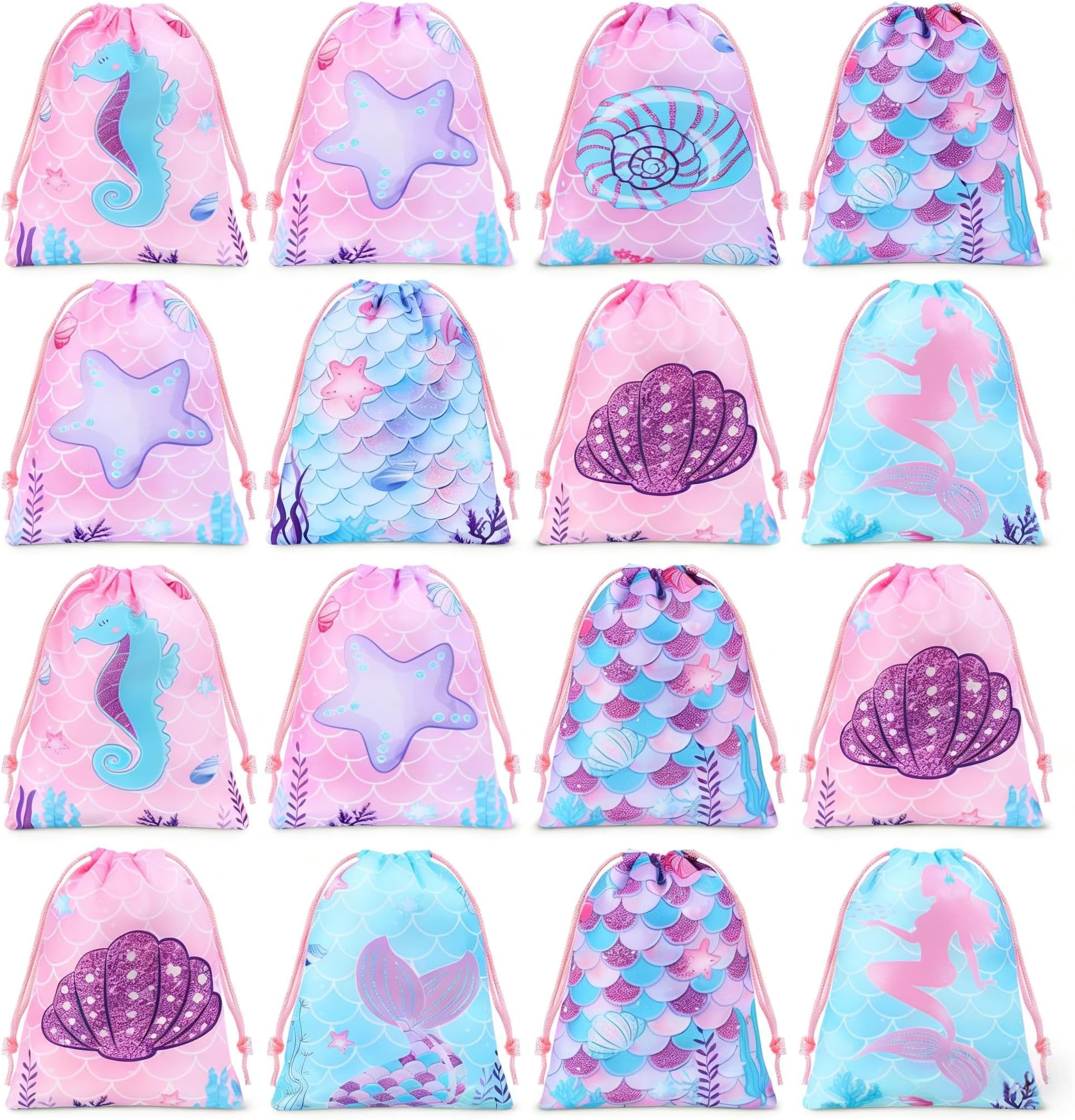 Clabby 16 Pcs Mermaid Drawstring Backpack Bulk Mermaid Party Favor Bags Candy Gifts Goodie Treat Bags for Birthday Under the Sea Ocean Theme Decoration 10 x 12 Inch