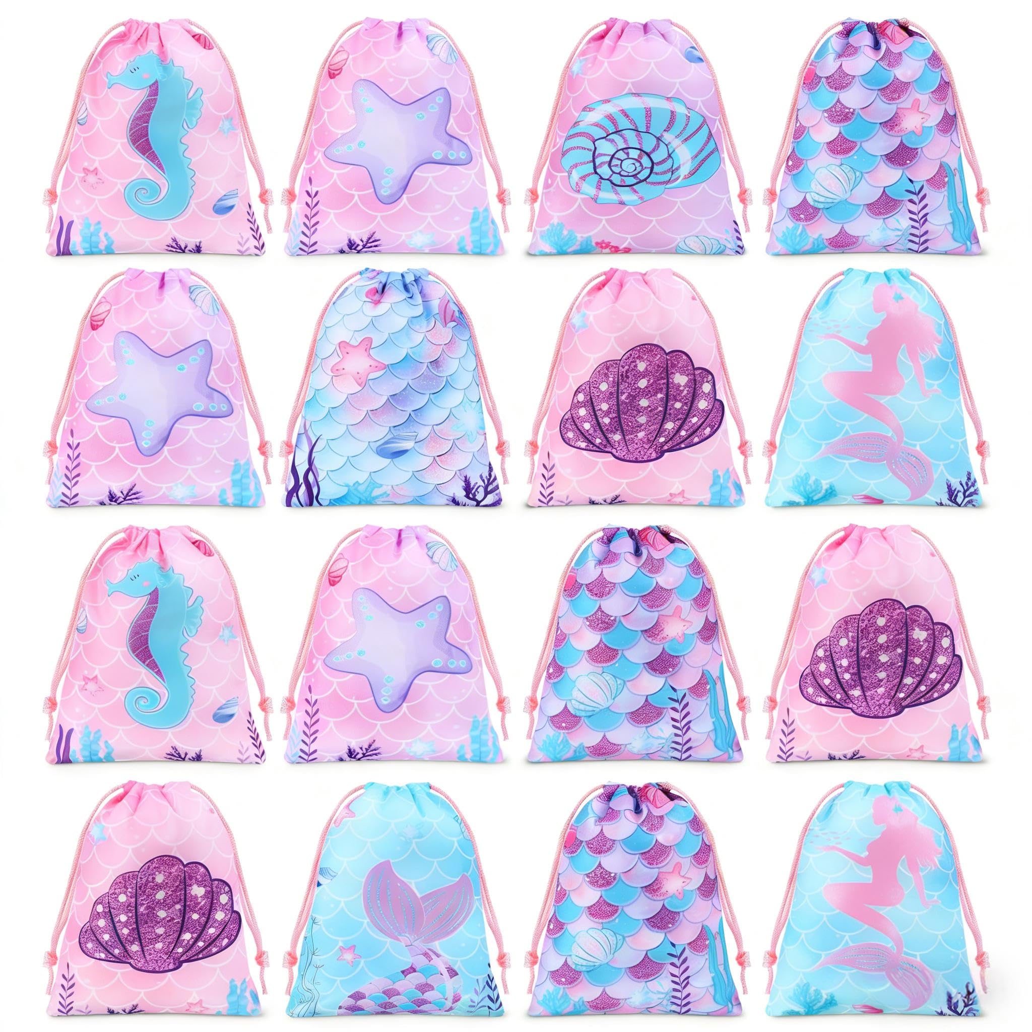 Clabby 16 Pcs Mermaid Drawstring Backpack Bulk Mermaid Party Favor Bags Candy Gifts Goodie Treat Bags for Birthday Under the Sea Ocean Theme Decoration 10 x 12 Inch