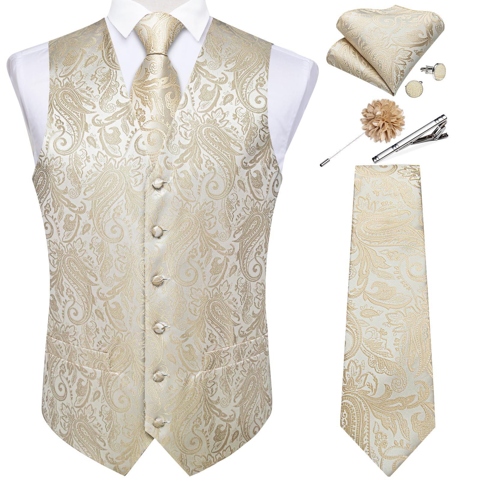 DiBanGu Mens Vest and Tie Set Formal Paisley Waistcoat and Necktie Pocket Square Cufflinks Silk Suit Vest for Tuxedo Wedding
