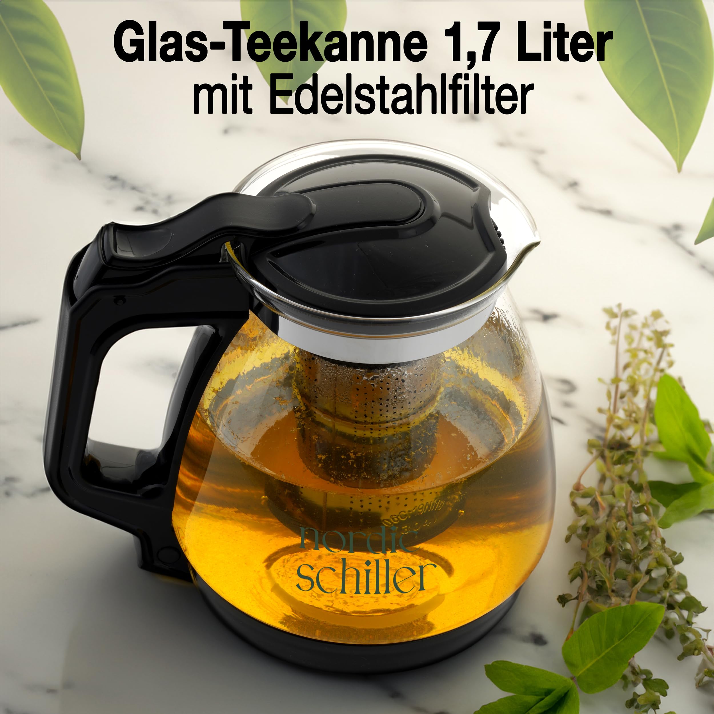 DMA-Z Teekanne Glas Hitzebeständig Glaskanne mit Deckel 1700ml Teekanne mit Siebeinsatz Teekanne mit Edelstahl Filter Sieb Tea Maker Teekanne mit Sieb Glas Tee Kanne (1700 ml)