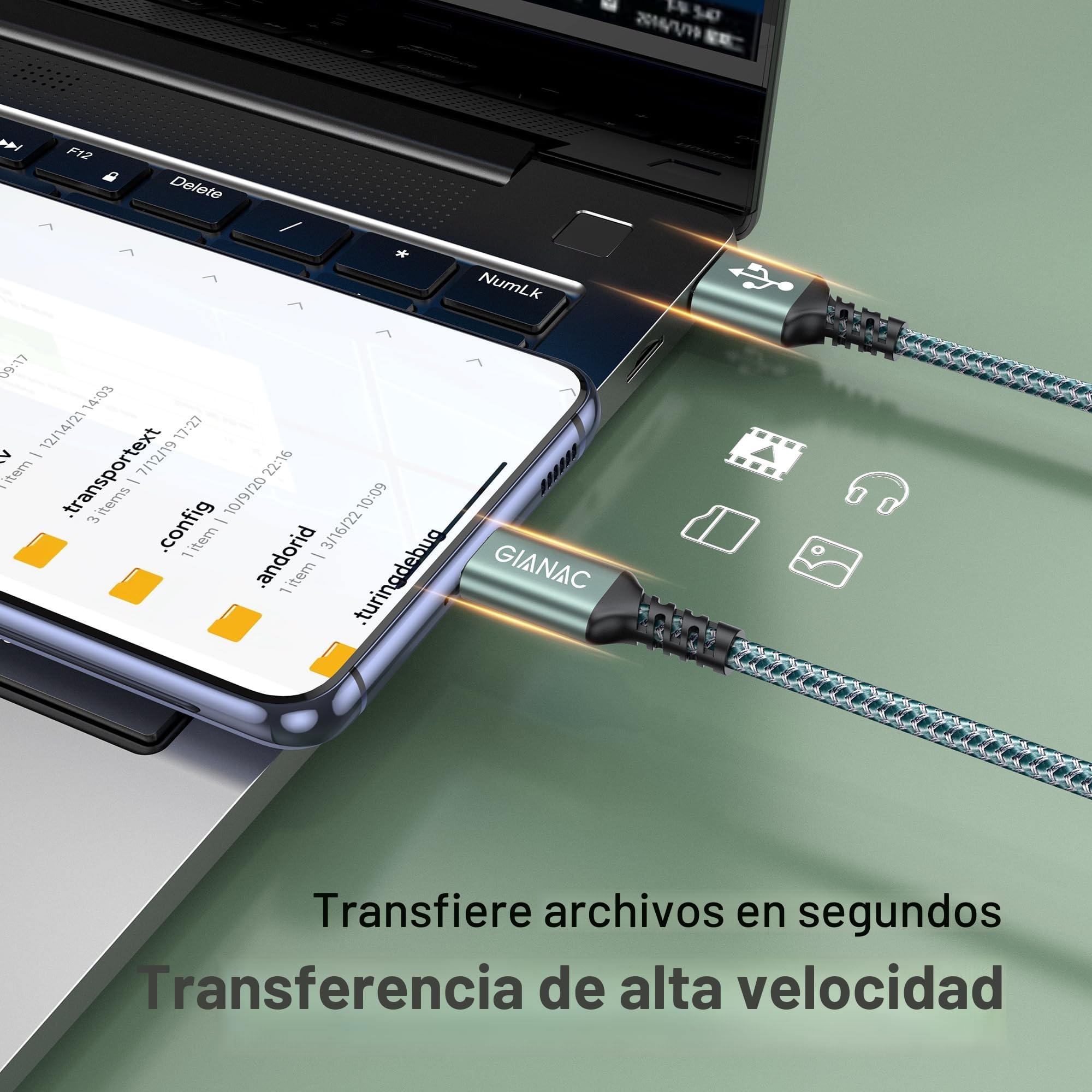 GIANAC Cable USB C Carga Rapida [5M] Cable USB C Largo Cable Carga Rapida Tipo C 3.1A Cargador Tipo C y Sincronización para Galaxy S20/S10/S9, Huawei P40/P30/P20, Redmi Note 9 Pro/9/8 etc-Verde