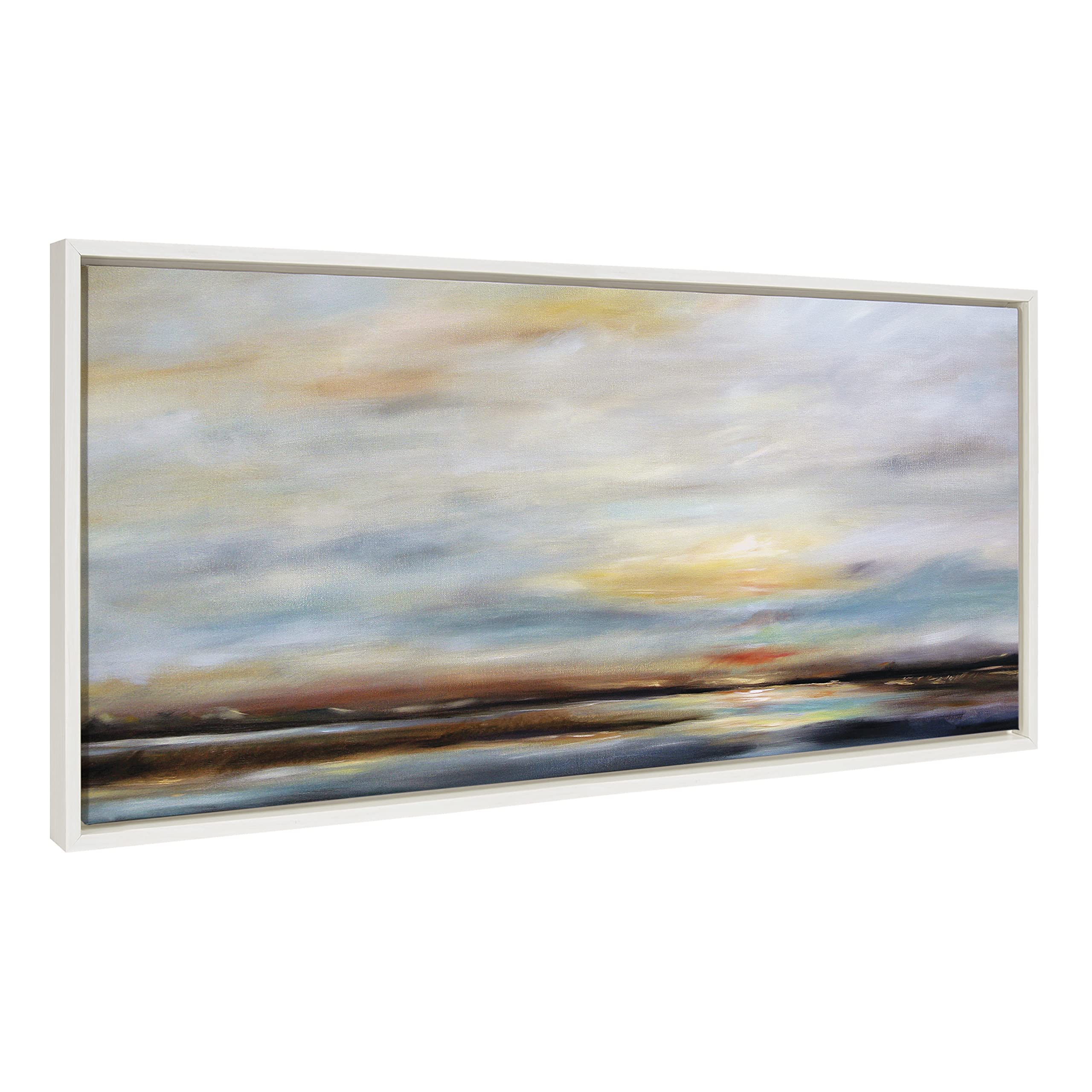 Kate and Laurel Sylvie Carolina Sunset Framed Canvas Wall Art by Mary Sparrow, 18x40 White, Modern Nature Skyline Art for Wall