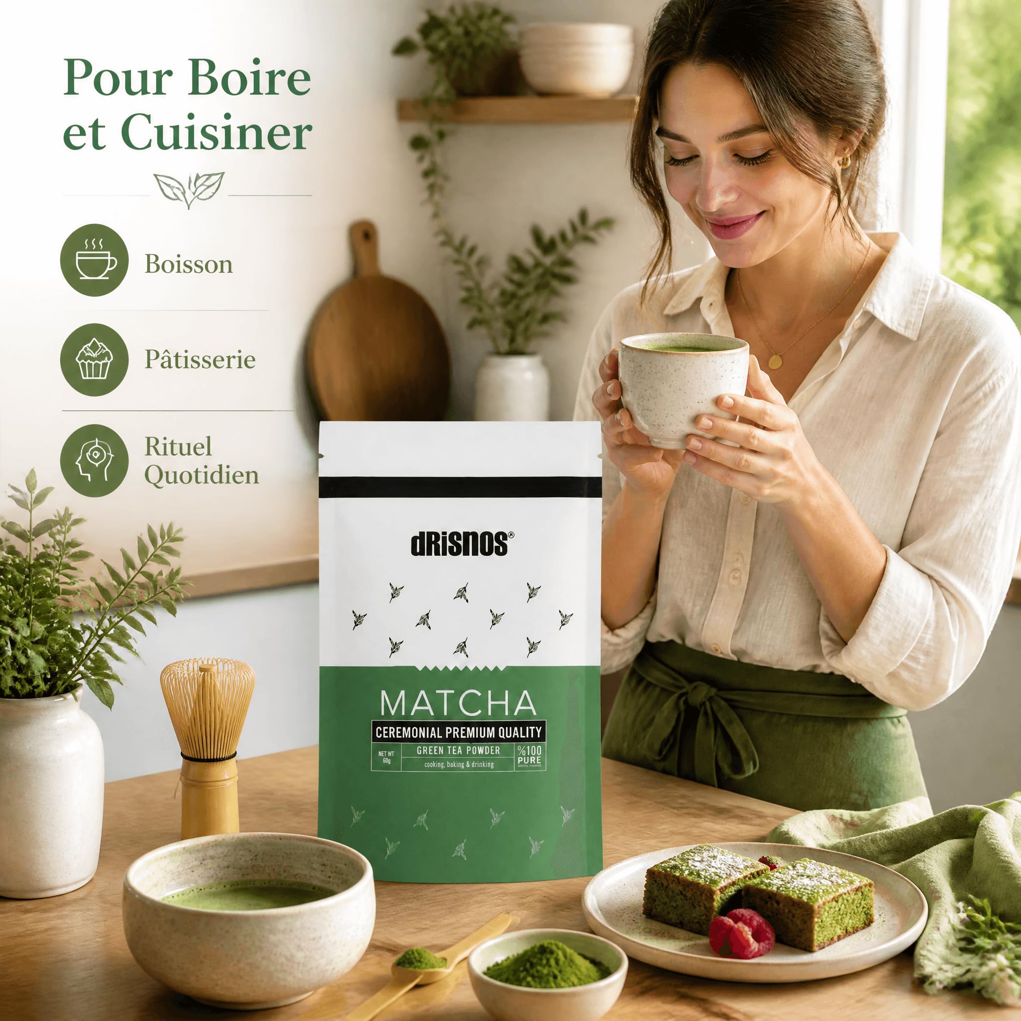 DRISNOS - Thé Matcha DRISNOS de Qualité Premium Cérémoniale, Matcha en Poudre, 60g, 100% naturel, thé vert de première récolte
