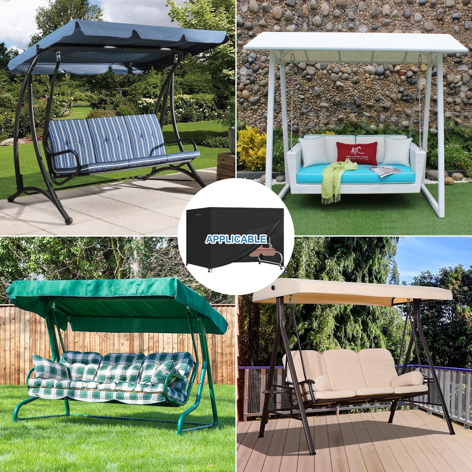 VANSHEIM Housse de Protection Balancelle 4 Places Bâche Pour Balancelle de Jardin Housse Protection Fauteuil de Jardin Suspendu avec Fermeture à Glissière Imperméable 420D Tissu Oxford 250x150x160cm