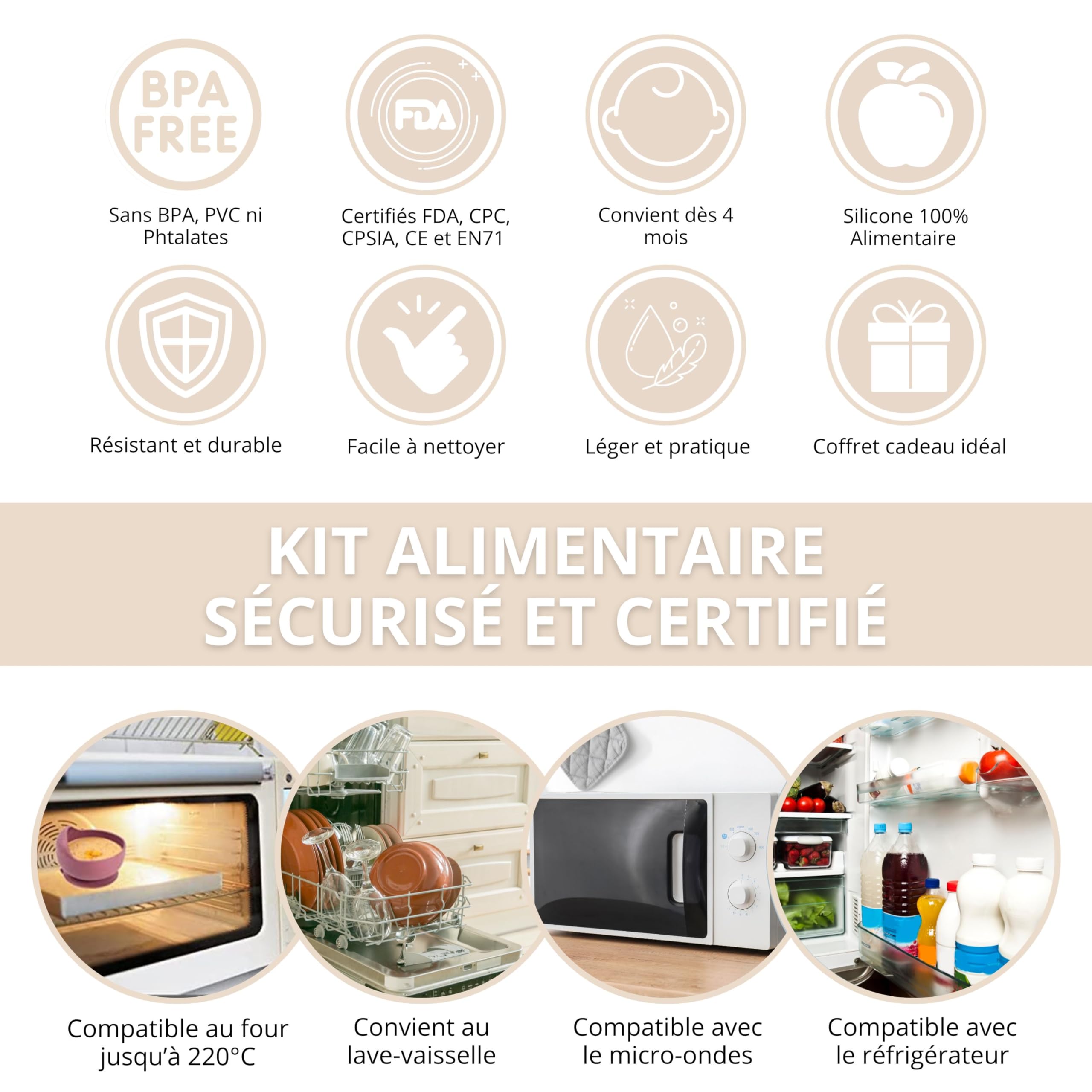 TudoBem Coffret Repas Bebe Accessoire 8 Pièces Set Vaisselle Bebe 1er age Assiette Bebe Bol Ventouse Bébé Cadeau Bebe Garcon Vaisselle Enfant Complete Beige