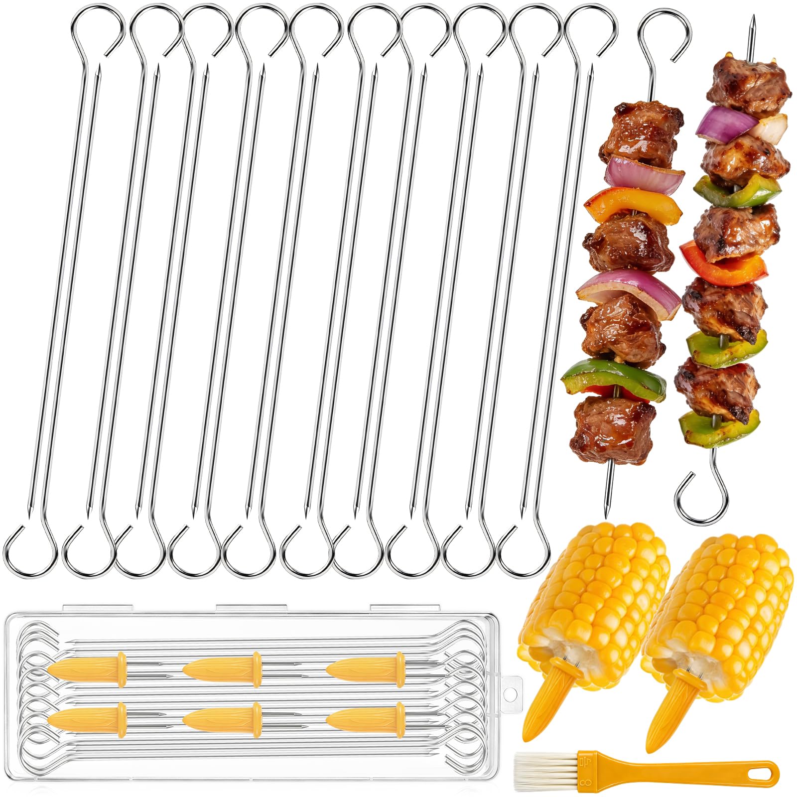 26 PCS Metal BBQ Skewers Set,7.87''/20cm Metal BBQ Sticks with Corn On The Cob Holders,Chicken Kebab Skewers Reusable Food-Grade, Stainless Steel Kebab Skewers for Grilling, Oven, and BBQ