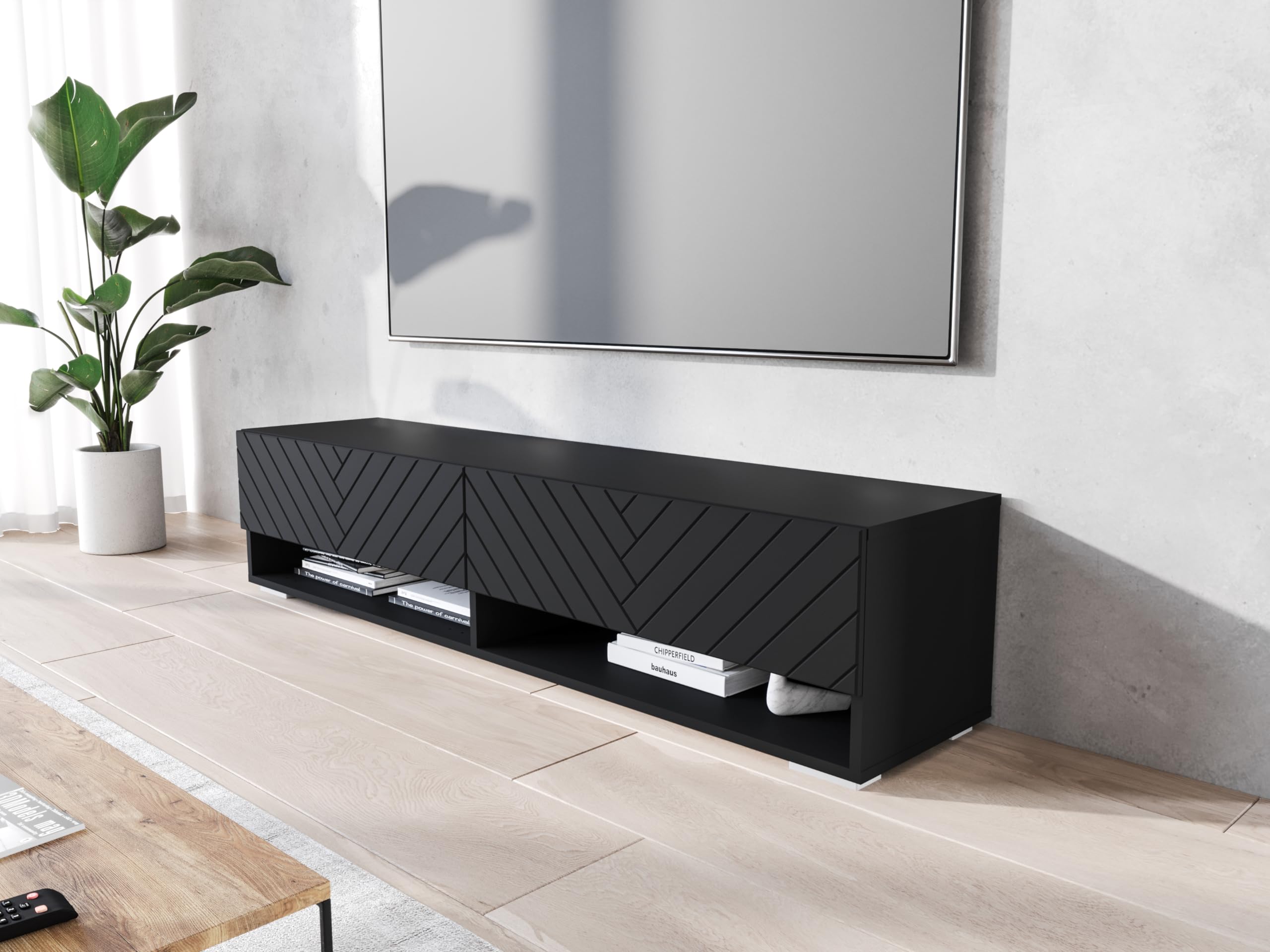 TV-Meubel, Lowboard, 150x57x35cm, Voor tv's tot 65, Elektrische haard, Industrieel design, Wit
