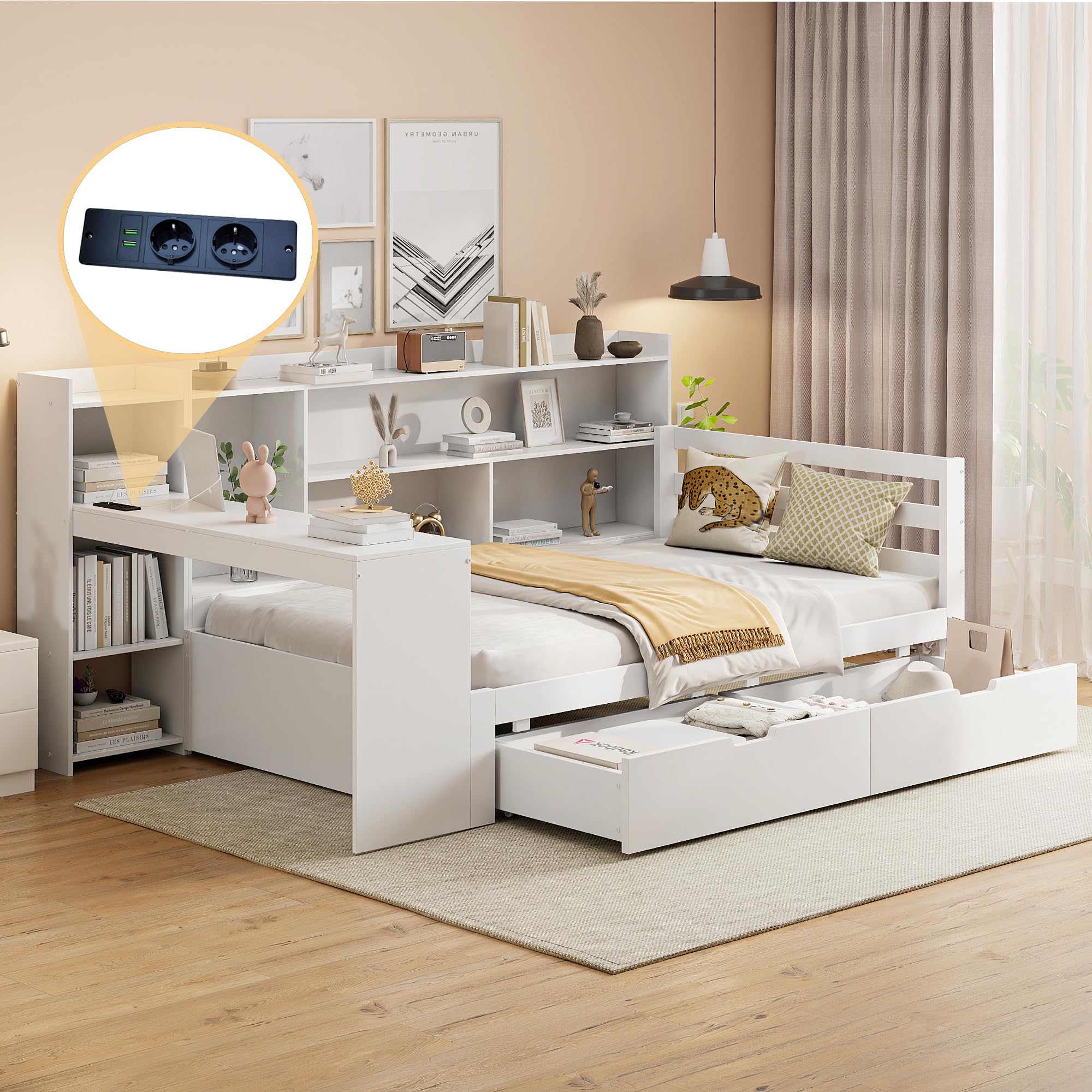 Dolamaní Letto da giorno, 90 x 200 cm, con scrivania, scaffali, ripiani e 2 grandi cassetti, letto funzionale (bianco)