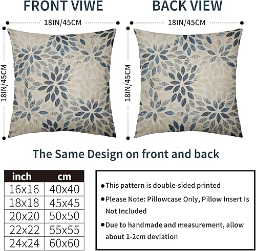 Miniatura 4 de Juego de 2 fundas de almohada de dalia azul marino beige de 18 x 18 pulgadas, diseño rústico geométrico de flores para exteriores, color crema,