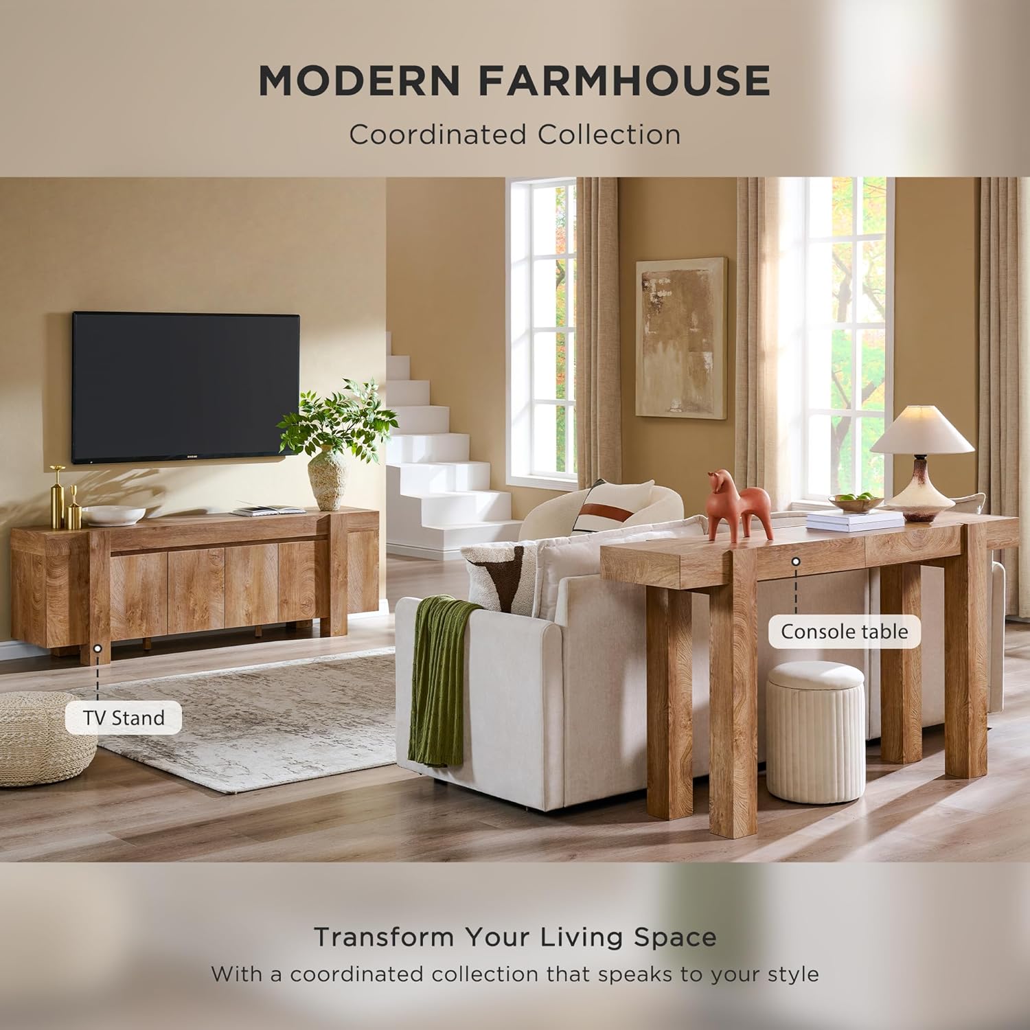 OKD Modern Farmhouse TV Stand, 70" Long Media Console Table with Storage Cabinet, Wooden Entertainment Center for Living Room, Light Knotty