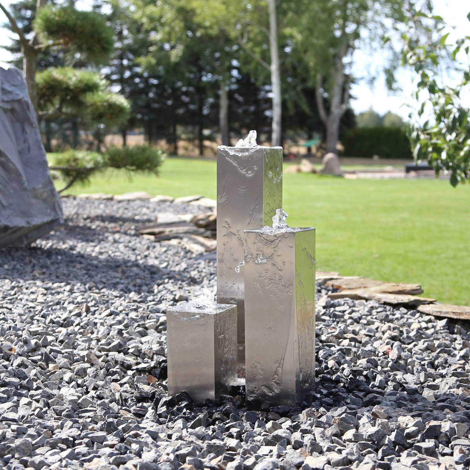 CLGarden Edelstahl Springbrunnen ESB8 Design Säulenbrunnen eckig mit LED Beleuchtung Wasserspiel Set