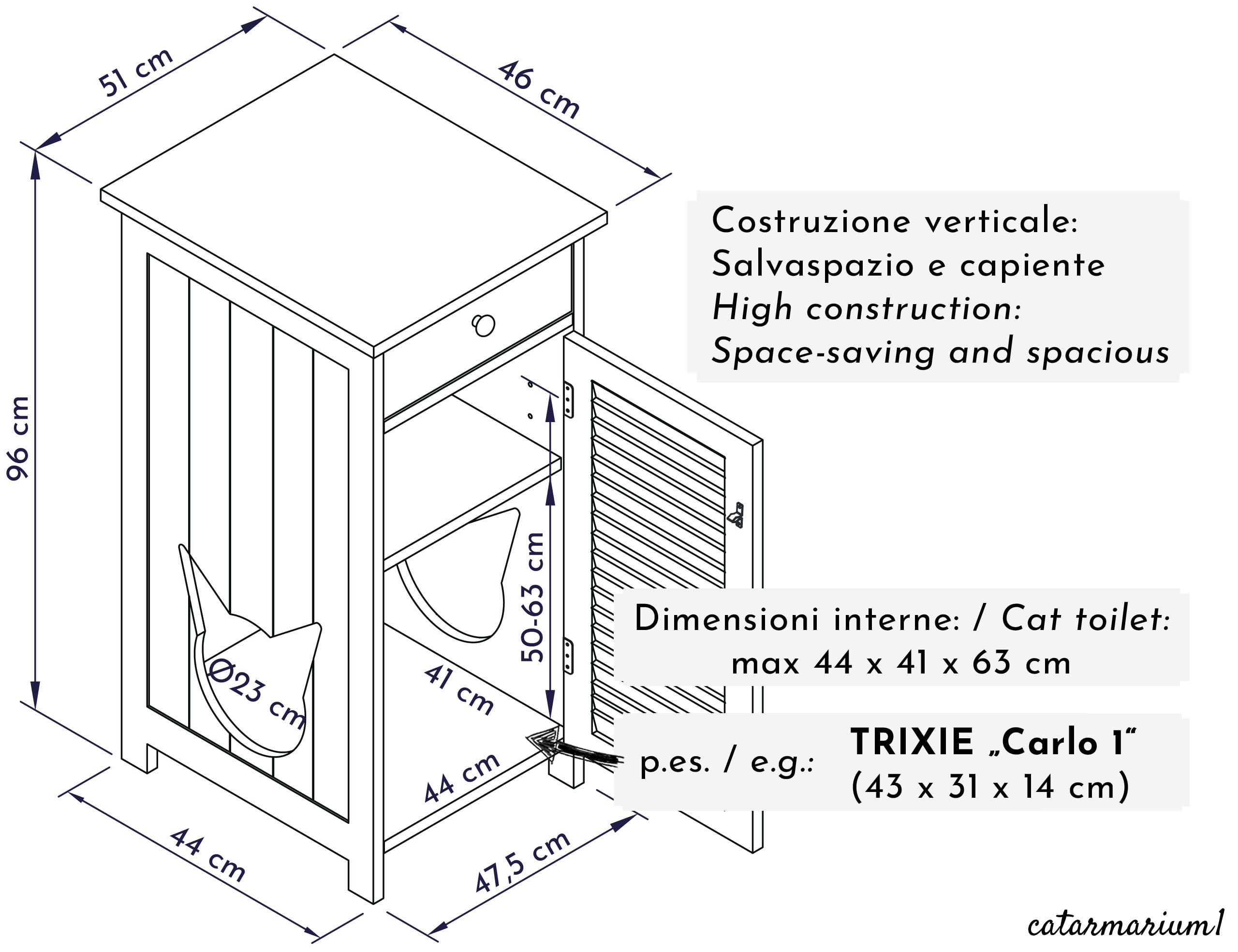 Mobile porta lettiera gatto, mobiletto porta lettiera grande in legno, armadio nicchia per gatti, casetta gatto, modulo mobili per gatti, 51 x 46 x 96 cm, bianco