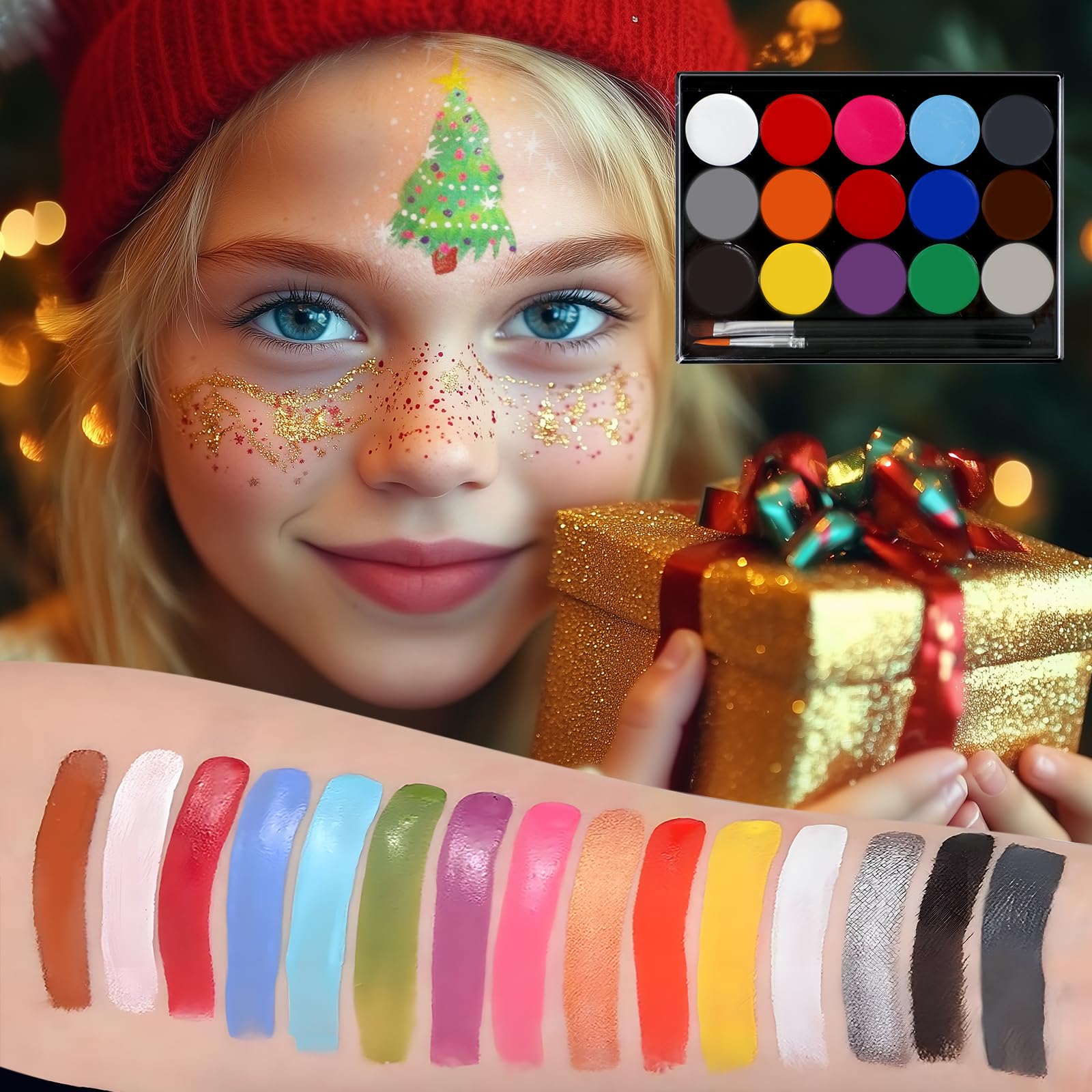 Face Painting 15 Colori – Pittura per Viso e Corpo con 30 Stampini e 2 Pennelli, Naturale, Sicuro e Facile da Rimuovere, Ideale per Feste, Carnevale e Halloween