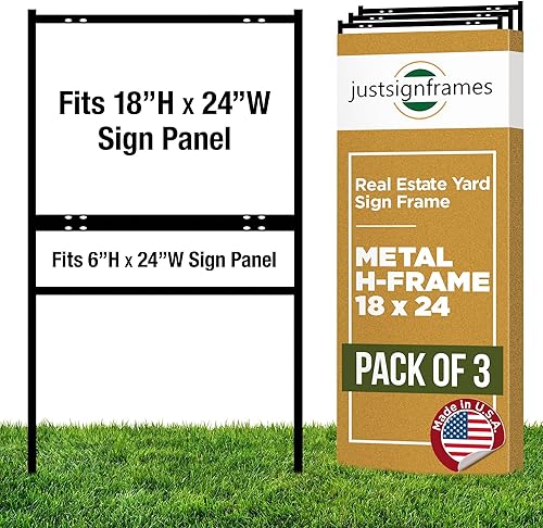 Letrero de metal para patio de bienes raíces (paquete de 3) con estacas de acero con marco en H de acero, estacas de 18 x 24 pulgadas, soportes para