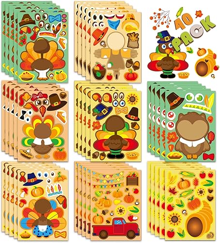 Calcomanías de Acción de Gracias para niños, 40 hojas de calcomanías de cara de pavo, regalos de fiesta de Acción de Gracias, suministros de juegos