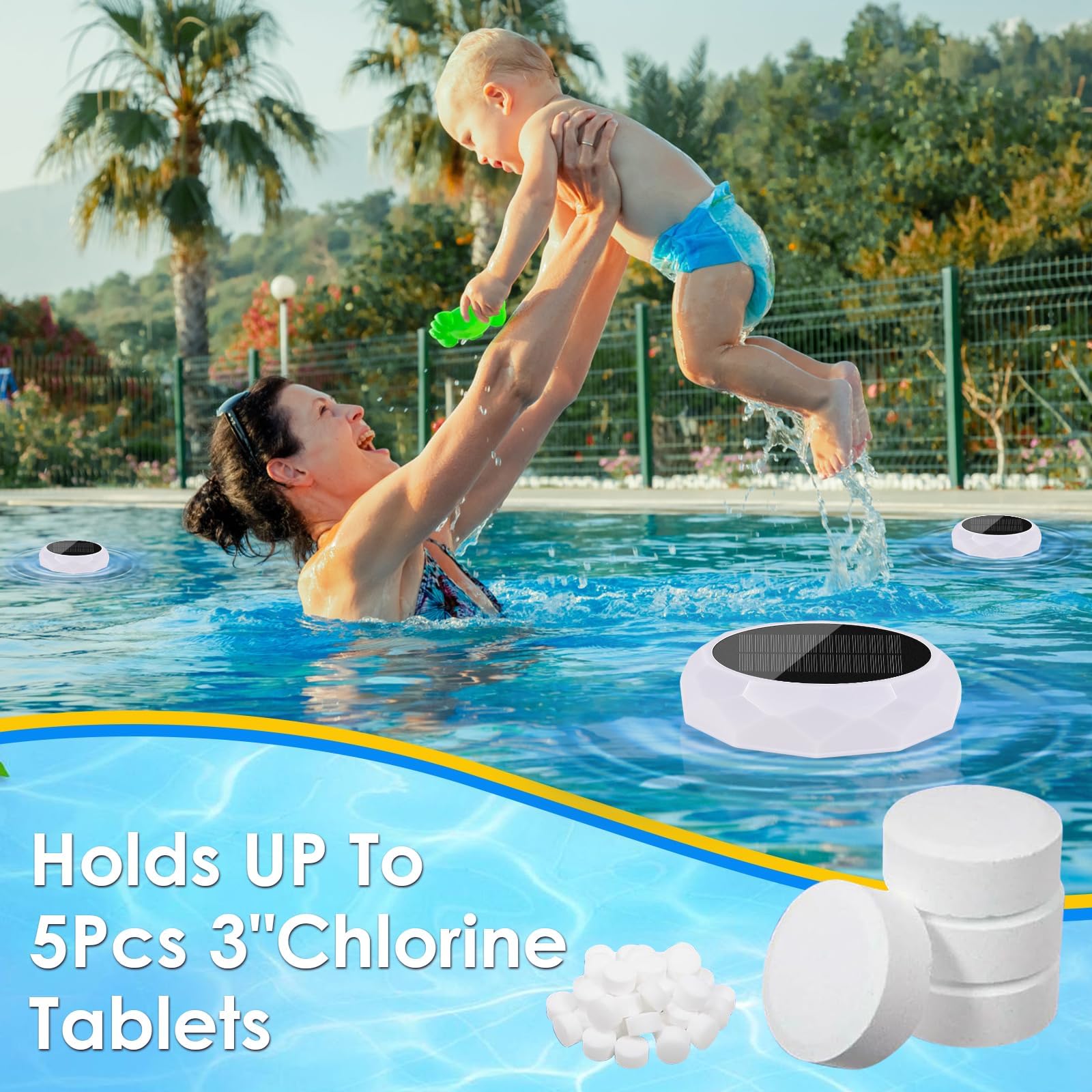 lazycozy® Pool-Chlor-Schwimmer mit Solarleuchten – für bis zu 5 Stück 7,6 cm Chlortabletten (nicht im Lieferumfang enthalten), mit hellen Farbwechsel-Lichtern, für die Wartung des Eaiser-Pools