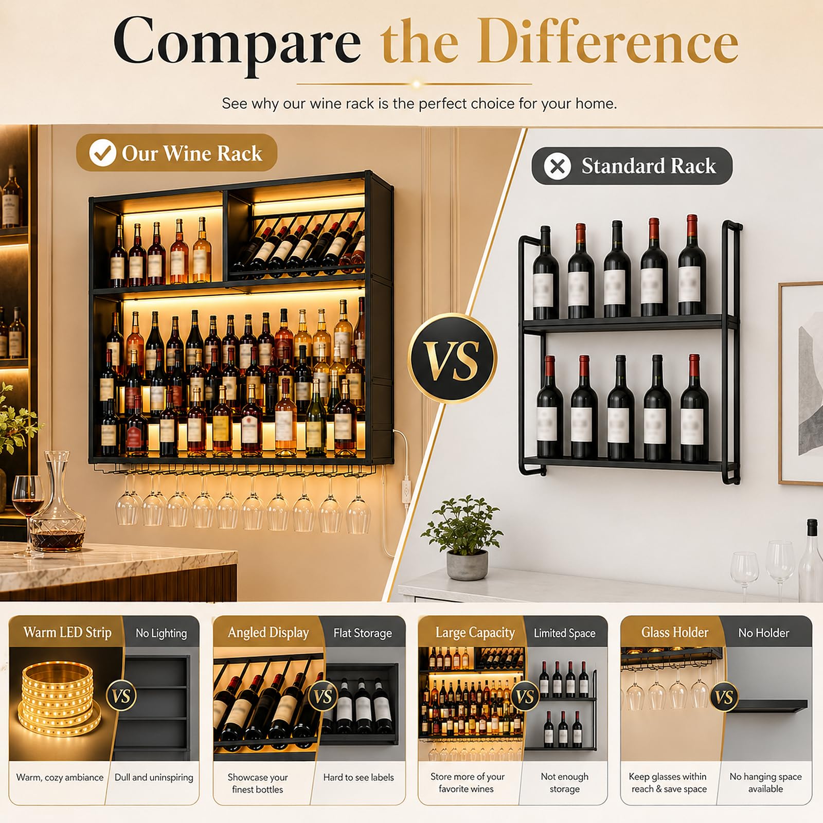 120cm Portabottiglie Vino da Parete con LED, Portacalici e Ripiani