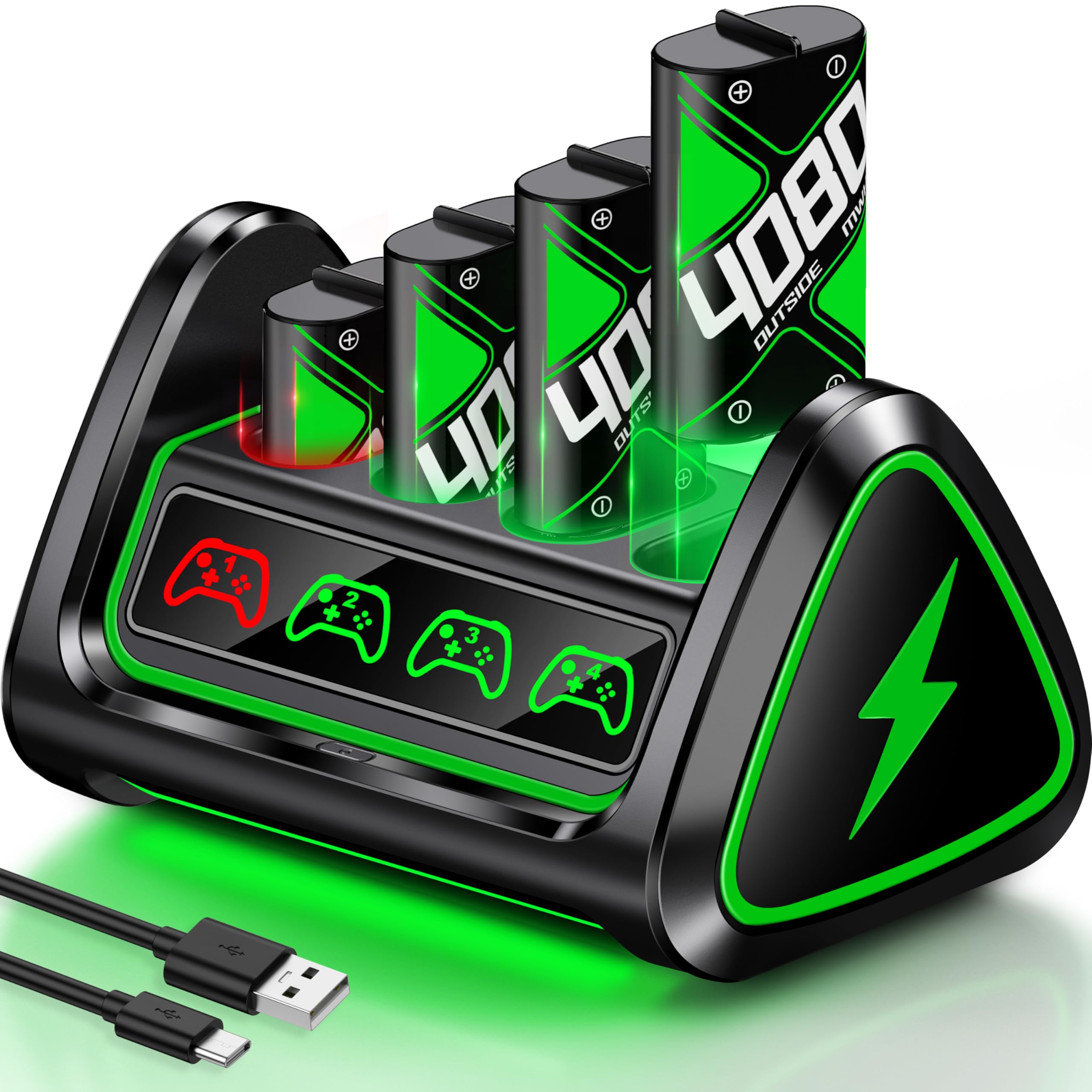 Upgraded Fast Charging Rechargeable Battery Packs with Light Control, 4 x 4080mWh Replacement Batteries with Charger Dock for Xbox Series X|S, One S/X
