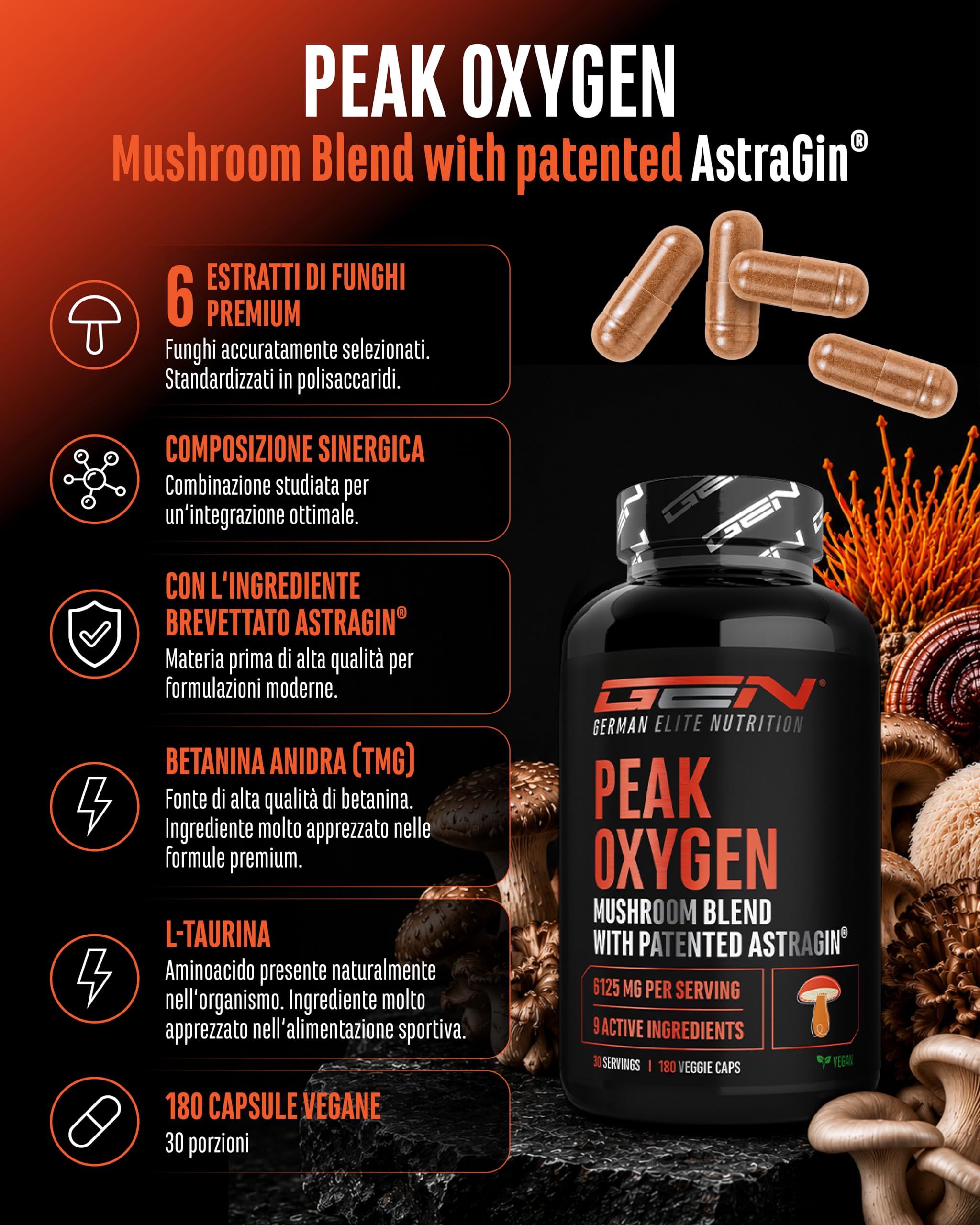 Peak Oxygen - 180 Capsule Vegan - 6125 mg per Dose Giornaliera - Complesso di 6 Funghi con Cordyceps, Reishi, Shiitake, Hericium, Maitake e Pleurotus - TMG, Taurina e Materia Prima di Marca: AstraGin®