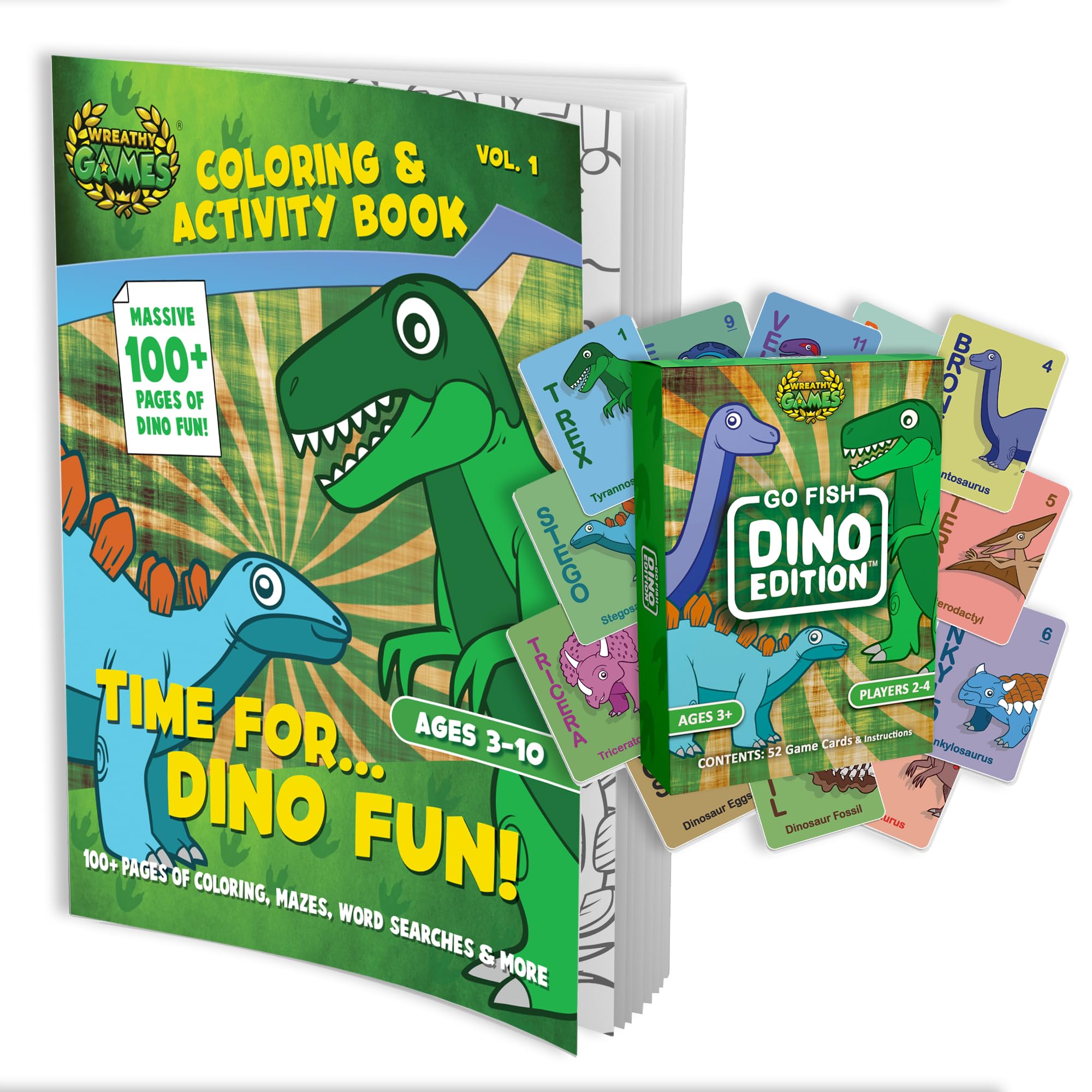 Bundle - 2 Items: Go Fish: Dino Edition Card Deck & Time for... Dino Fun 100+ Page Coloring Activity Book, Ages 3-10