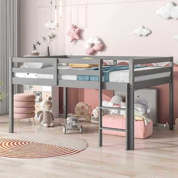 Flieks Loft Bed for Kids, Full Size Space-Saving Loft Bed Frame with Safety Guardrail and Ladder, No Box Spring Needed, Teens Bedroom Bed, Grey