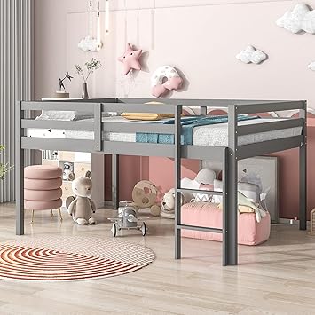 Flieks Loft Bed for Kids, Full Size Space-Saving Loft Bed Frame with Safety Guardrail and Ladder, No Box Spring Needed, Teens Bedroom Bed, Grey