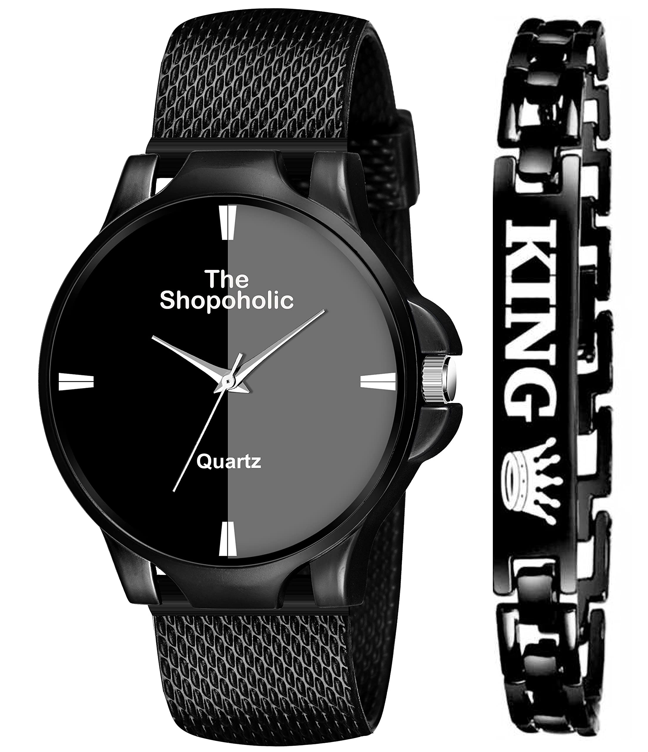 The Shopoholic Analog Black Stylish Dial- Pu Strap & Black King Bracelet Combo Set for Men & Watch - for Boys (B08ZJHCSGJ) Amazon Price History, Amazon Price Tracker