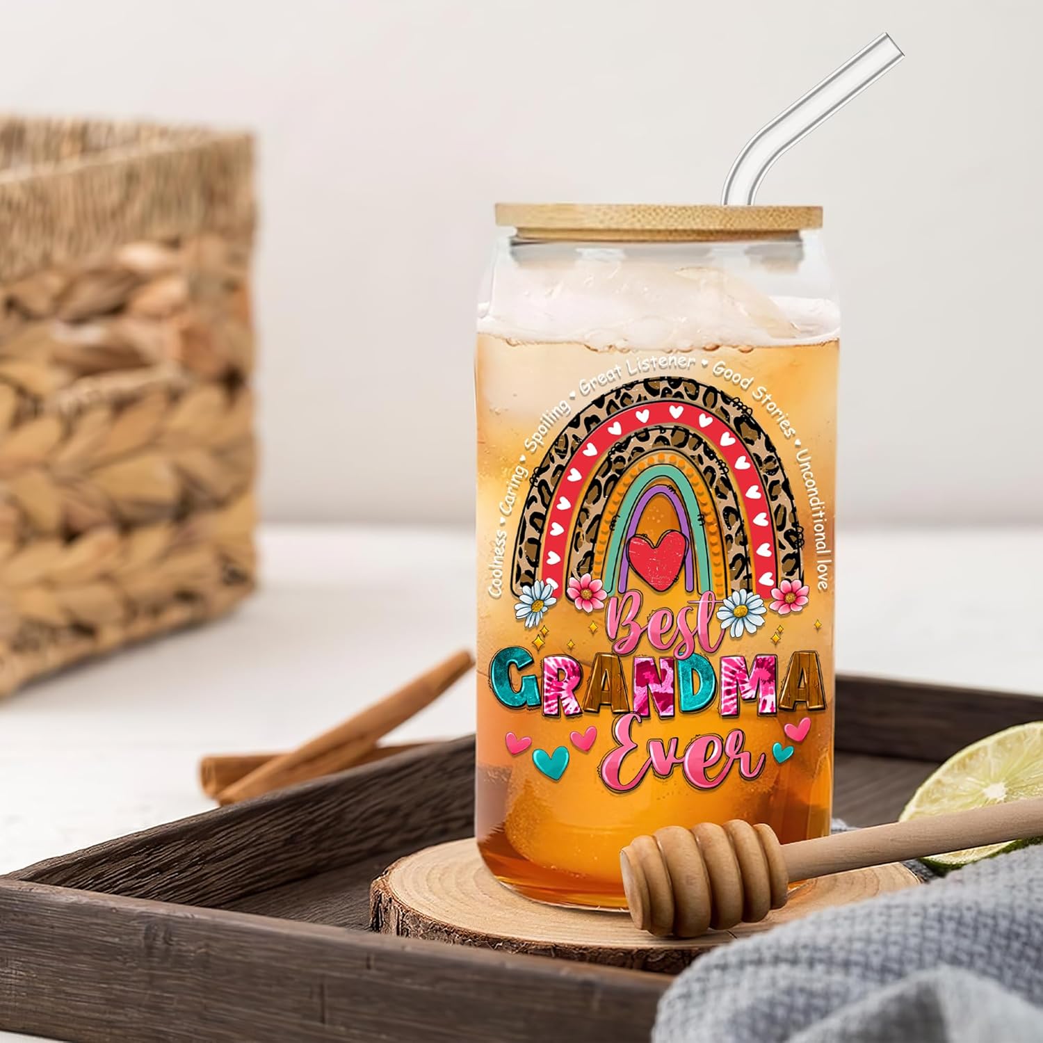 Grandma 16 Oz Glass Cup with Straw and Lid Nana Iced Coffee Cups Mothers Day Glass Can Gifts Ideas for Mom Women Gigi Christmas Birthday Valentine from Grandkids - Image 4