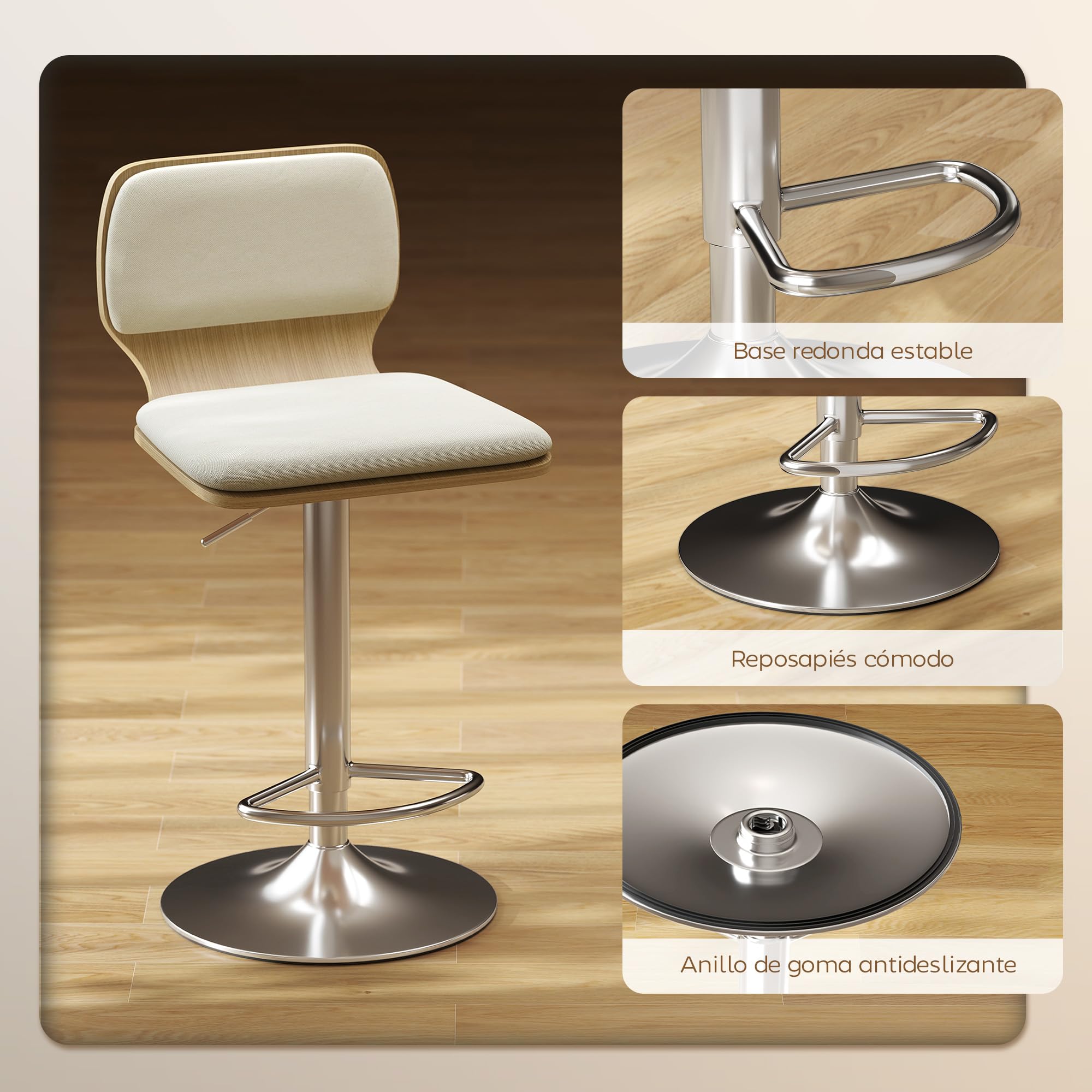 HOMCOM Juego de 2 Taburetes Altos de Cocina Giratorios en 360°, Taburetes de Bar Regulables en Altura de 81-102 cm, Tapizados en Lino, Reposapiés, para Comedor, Mostrador, Beige
