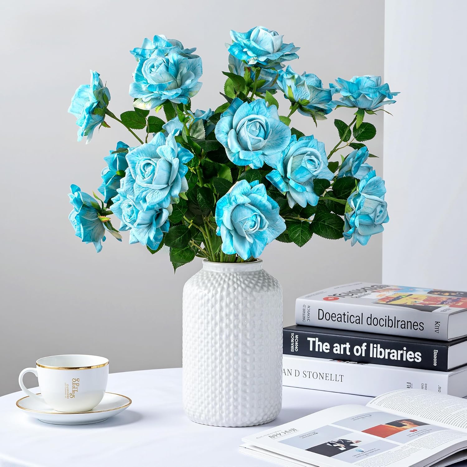 Artificial Flowers 23.2In Artificial Roses 20PCS Fake Roses Long Stem Artificial Flowers for Tall Vase Silk Rose Spring Suitable for Indoor Wedding Party Decor Valentine's Day DIY Bouquet,Blue