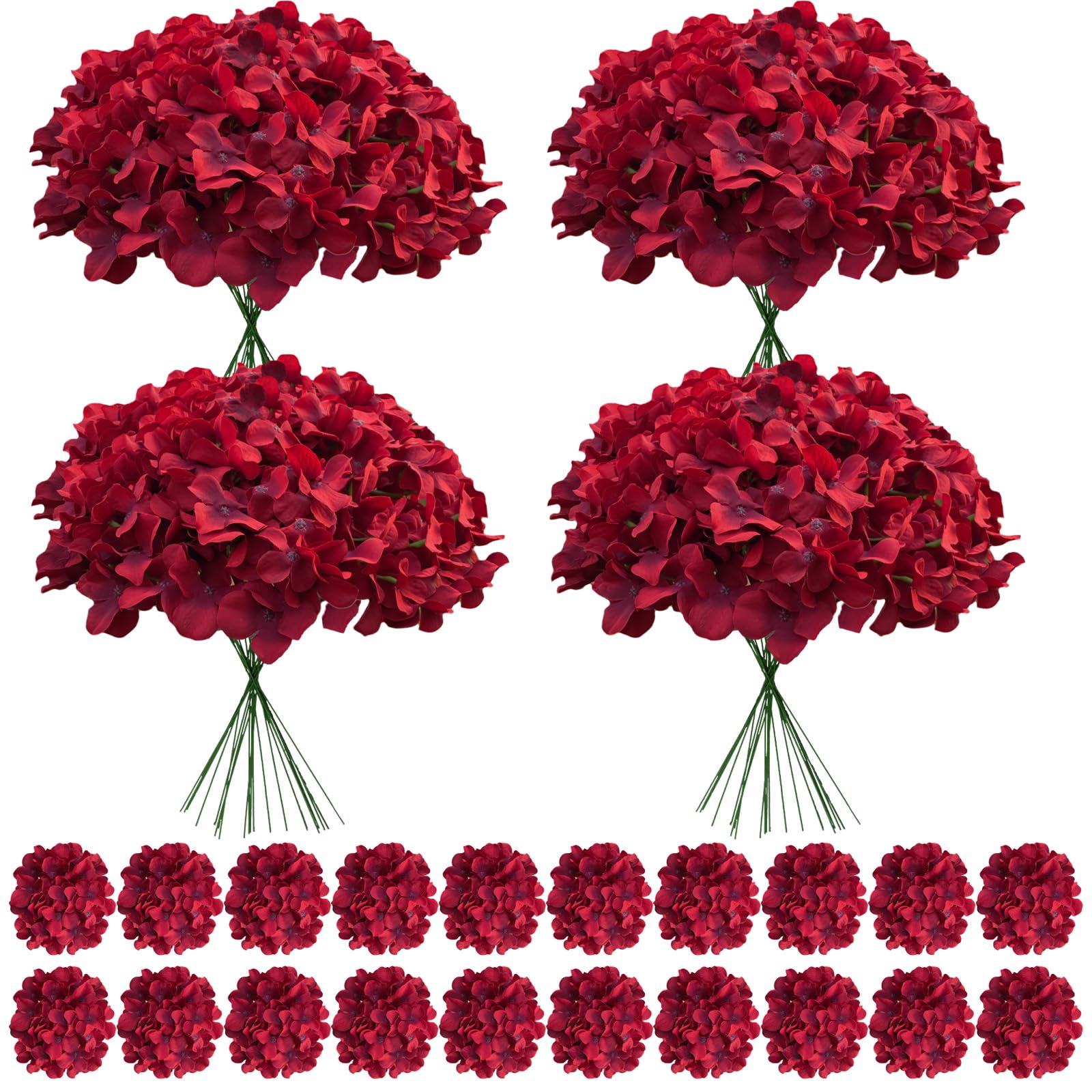 100 Pcs Faux Deep Red Hydrangea Artificial Flowers Bulk