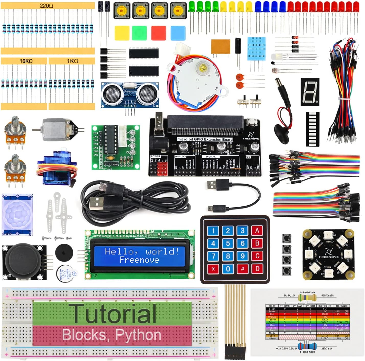 Freenove Ultimate Starter Kit for BBC micro:bit (Not Included, Work with V1 & V2), 316-Page Detailed Tutorial, 224 Items, 44 Projects, Blocks and Python Code