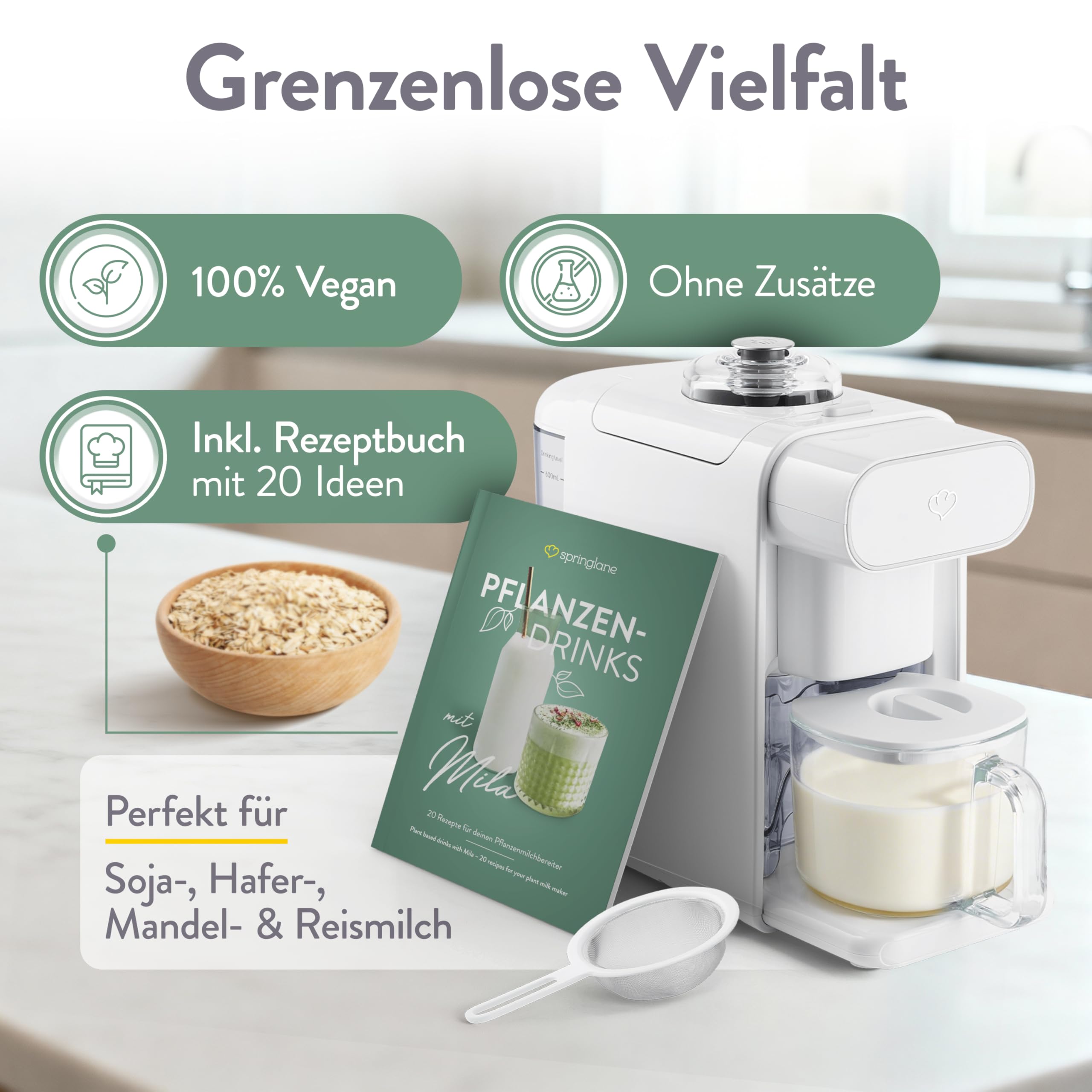 Springlane Pflanzenmilchbereiter Mila 600ml – 6 Programme + automatischer Reinigungsfunktion – LED-Touch-Display inkl. Timer, Kochmixer für Nussmilch, Sojamilch & Haferdrinks inkl. Sieb & Rezeptbuch