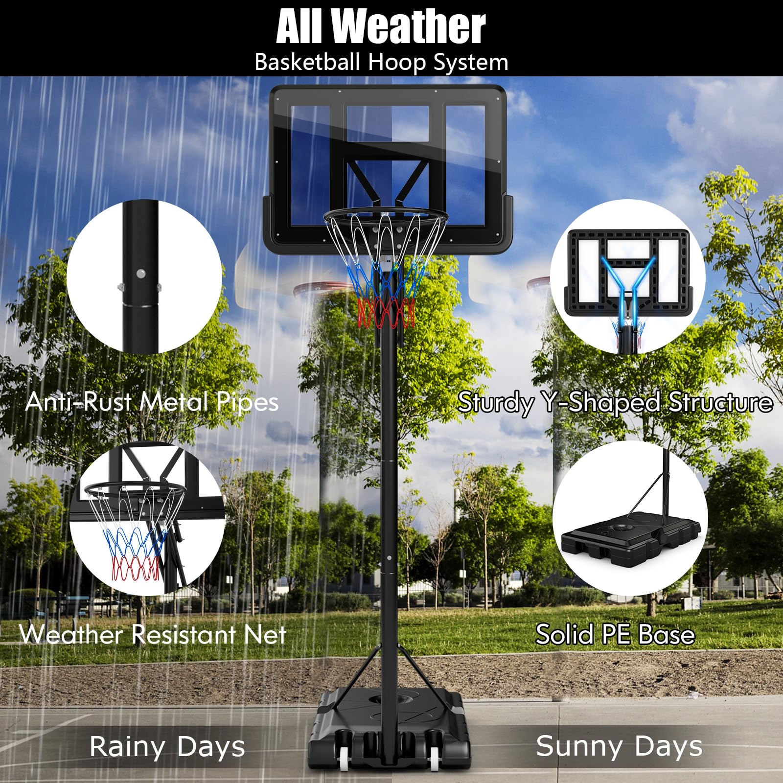 Canasta de Baloncesto Ajustable 143-305 cm con Ruedas y Base Rellenable