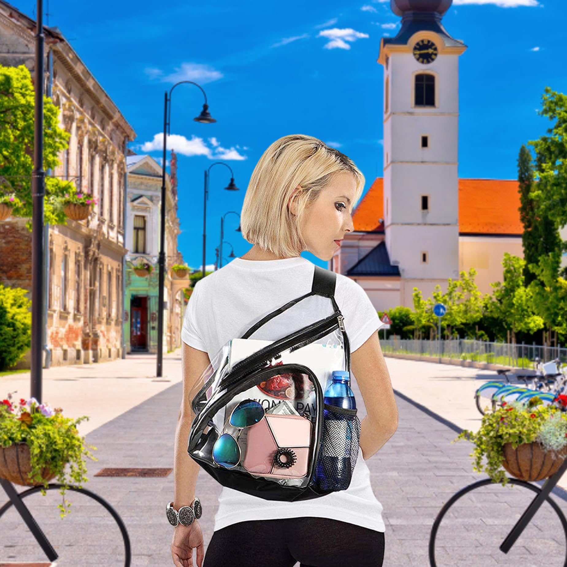 Sac à écharpe Transparent Stadium Approuvé Hommes Femmes PVC Sac à Poitrine Clear épaule Sac à Dos avec Poche de Bouteille d'eau et Sangle réglable pour Les Sacs d'épaule du Stade de Concert
