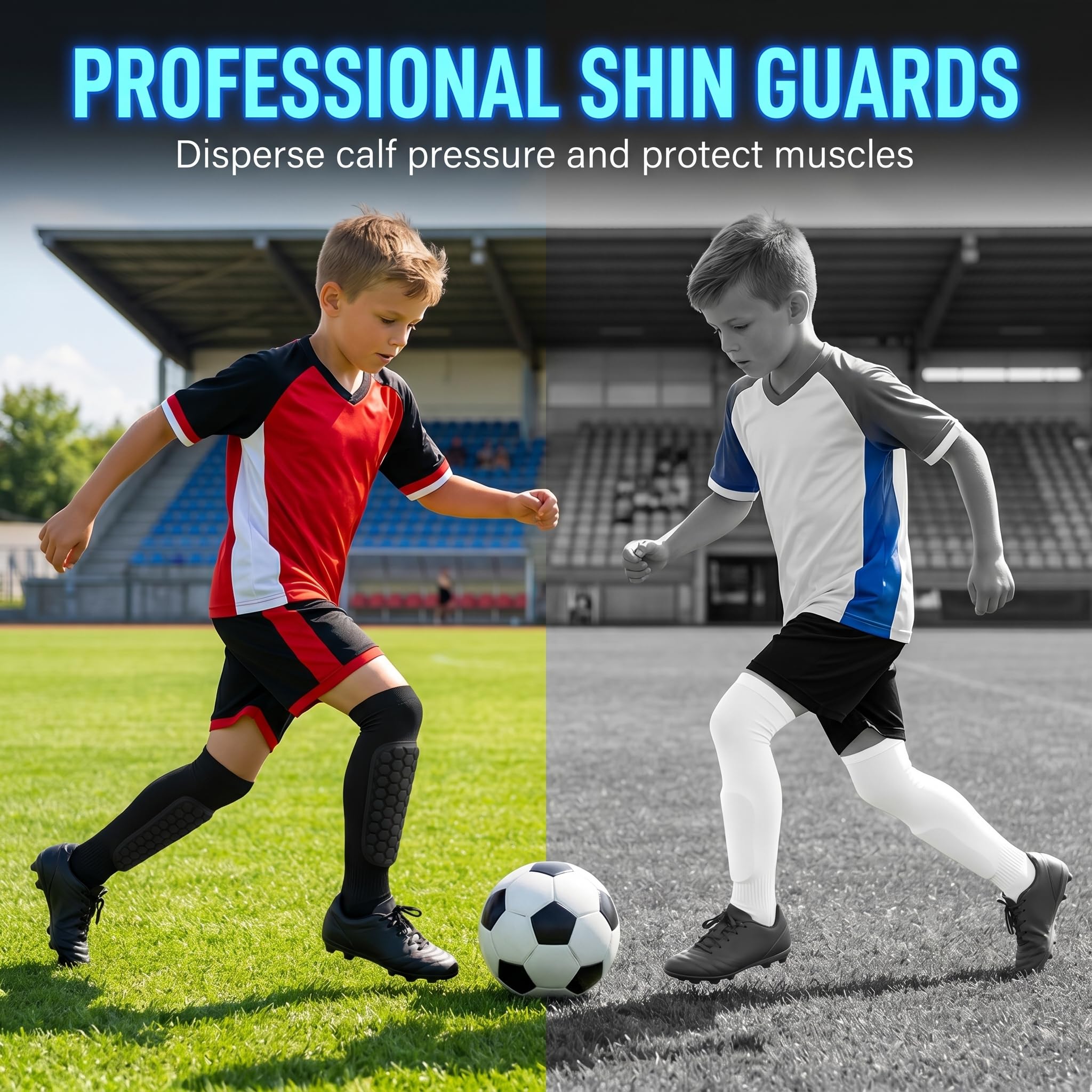 Espinilleras Fútbol para Niños y Jóvenes con Calcetines de Sujeción, Protección de Tibia con Acolchado EVA, Espinilleras Transpirables y Antideslizantes, Regalos Futboleros (Talla MS, 1 Par) — view 8